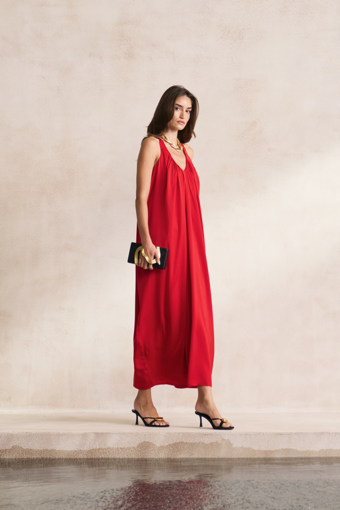 LEILA 03 SOLID RED COLOUR SOFT SATIN ANKLE LENGTH SLEEVELESS DRESS