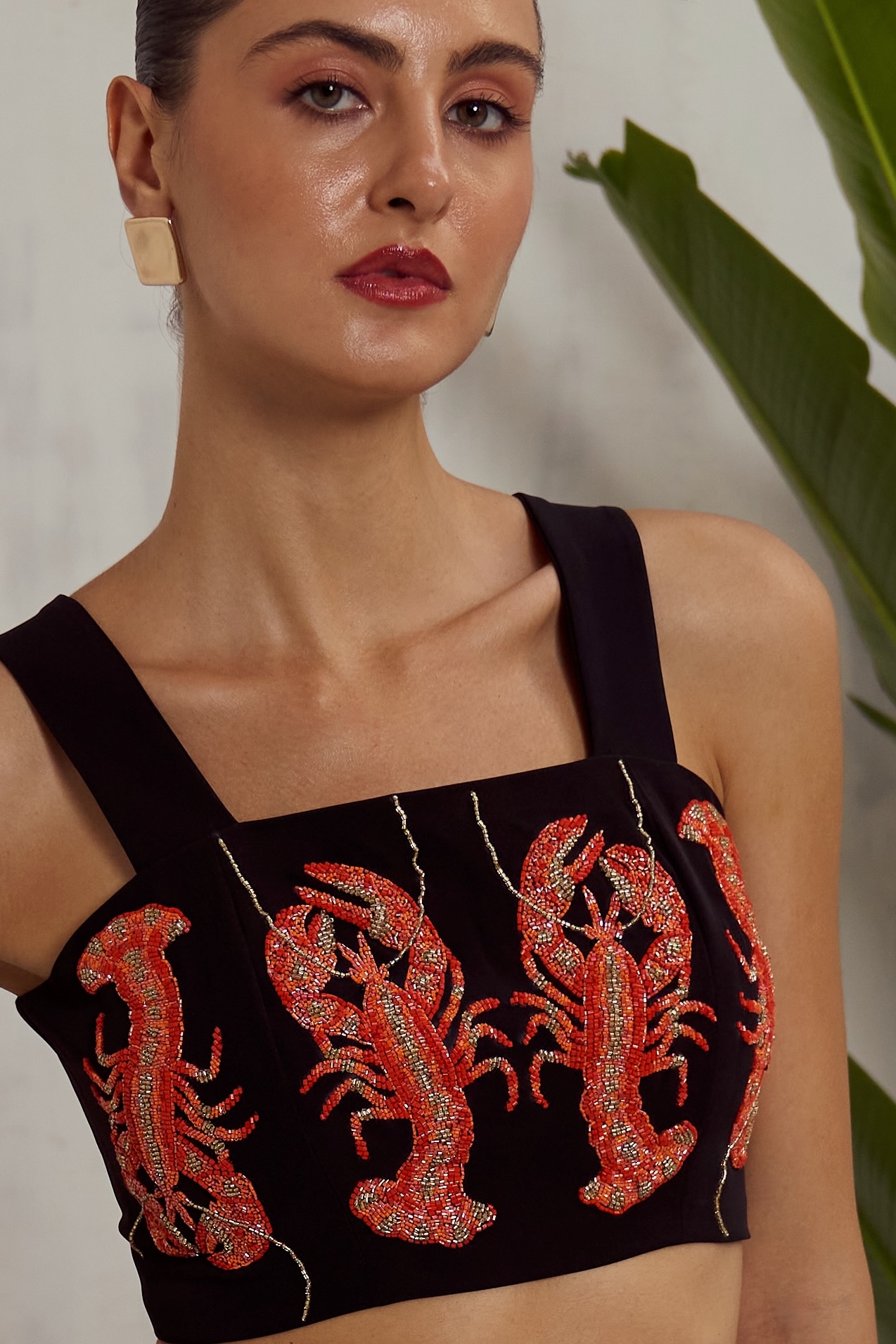 MALIBU-02 BLACK CROP TOP AND SKIRT CO-ORDINATE WITH LOBSTER MOTIF HAND EMBROIDERY ALL OVER