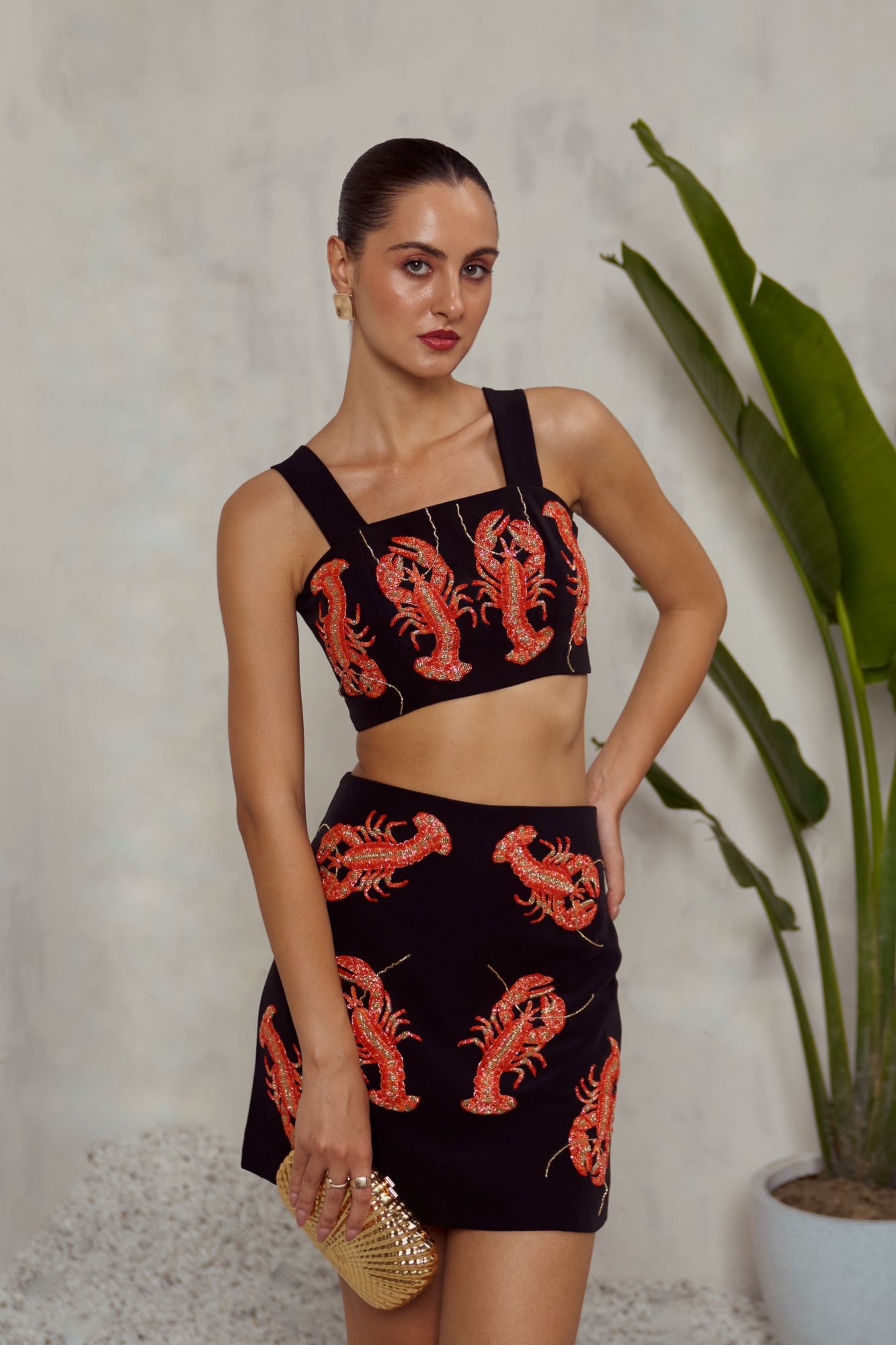 MALIBU-02 BLACK CROP TOP AND SKIRT CO-ORDINATE WITH LOBSTER MOTIF HAND EMBROIDERY ALL OVER