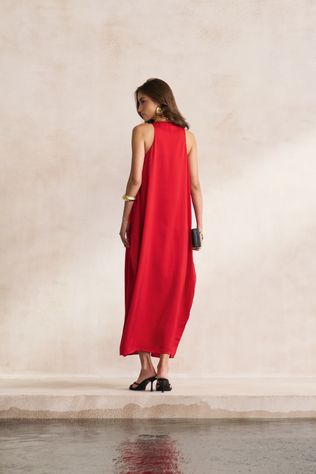 LEILA 03 SOLID RED COLOUR SOFT SATIN ANKLE LENGTH SLEEVELESS DRESS