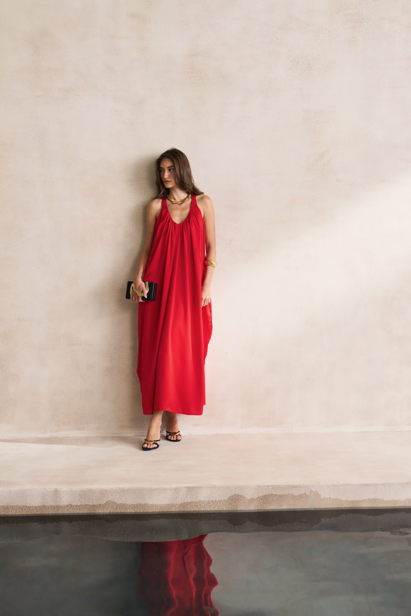 LEILA 03 SOLID RED COLOUR SOFT SATIN ANKLE LENGTH SLEEVELESS DRESS