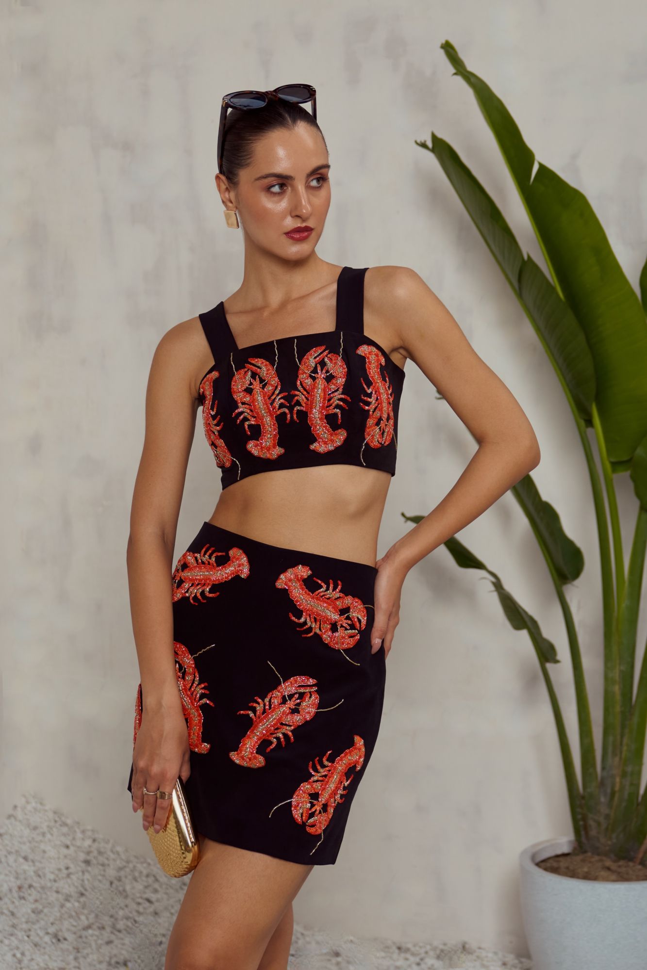 MALIBU-02 BLACK CROP TOP AND SKIRT CO-ORDINATE WITH LOBSTER MOTIF HAND EMBROIDERY ALL OVER