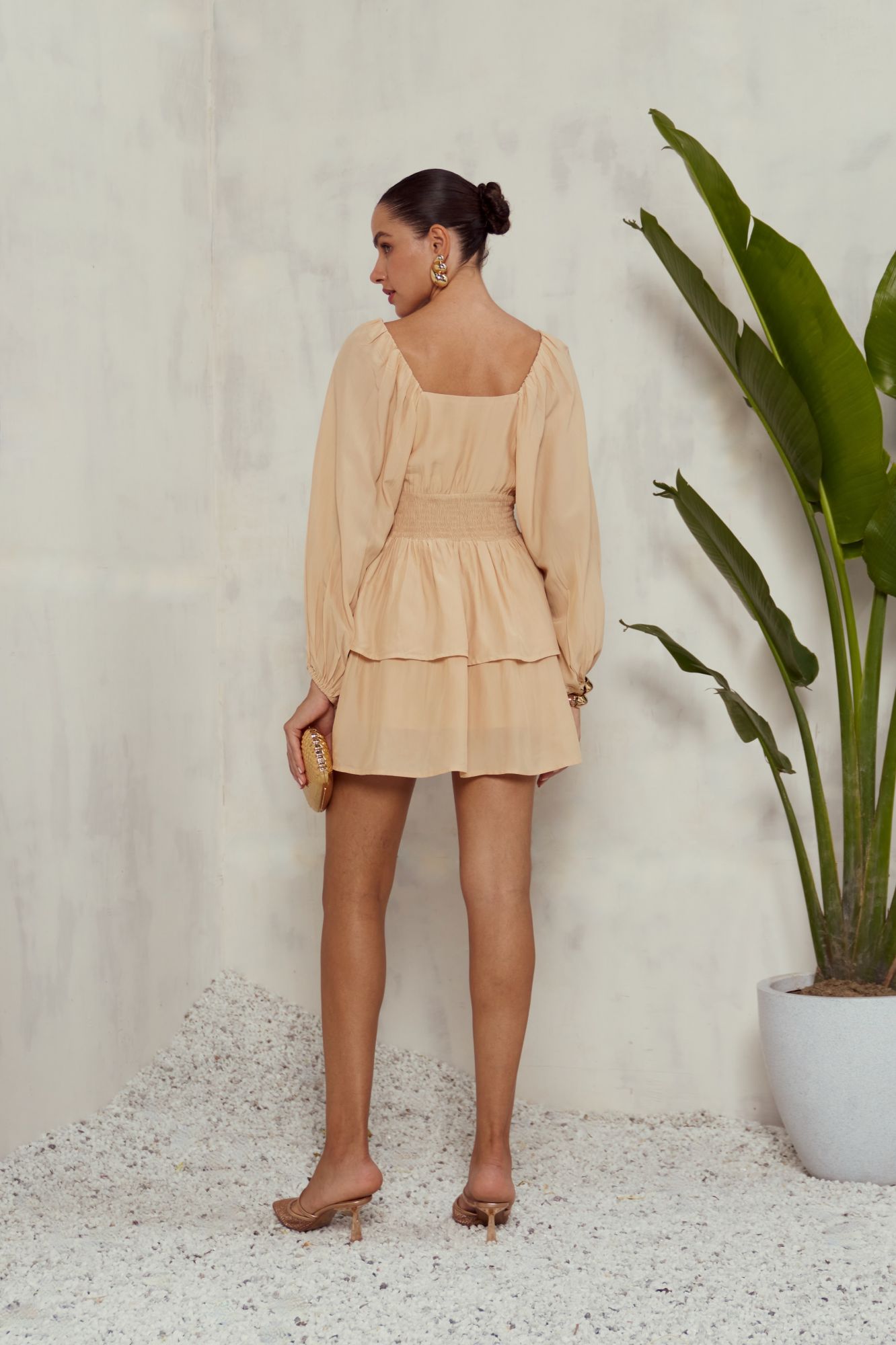 MALIBU-02 SOLID LIGHT BEIGE COLOR VISCOSE CREPE LAYERED KNEE LENGTH DRESS