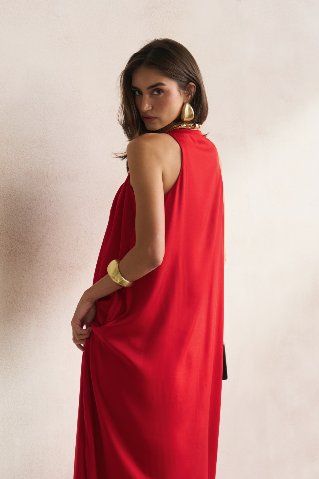 LEILA 03 SOLID RED COLOUR SOFT SATIN ANKLE LENGTH SLEEVELESS DRESS