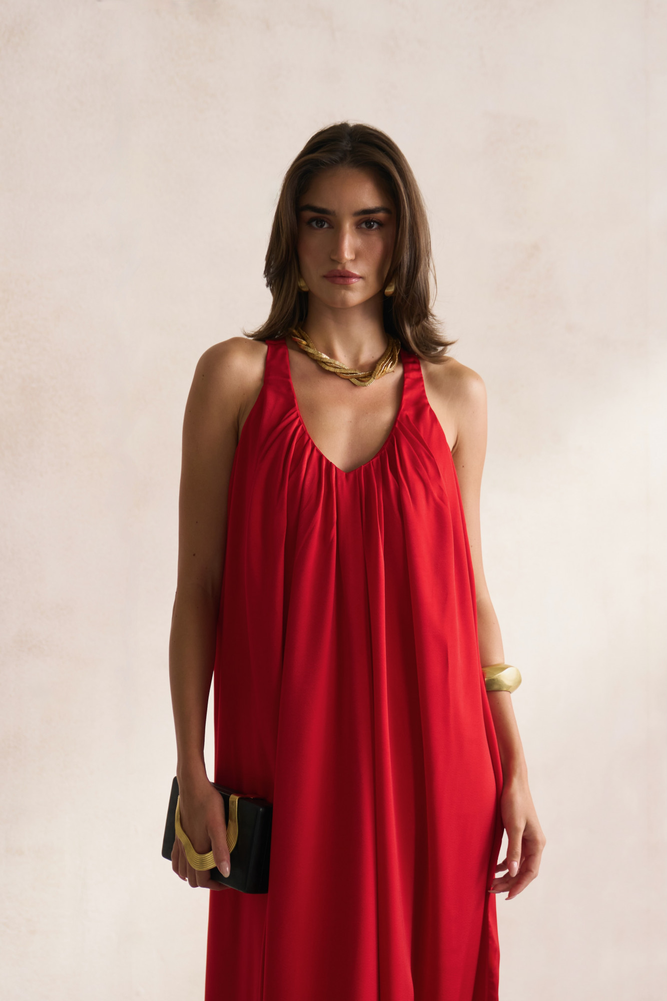 LEILA 03 SOLID RED COLOUR SOFT SATIN ANKLE LENGTH SLEEVELESS DRESS
