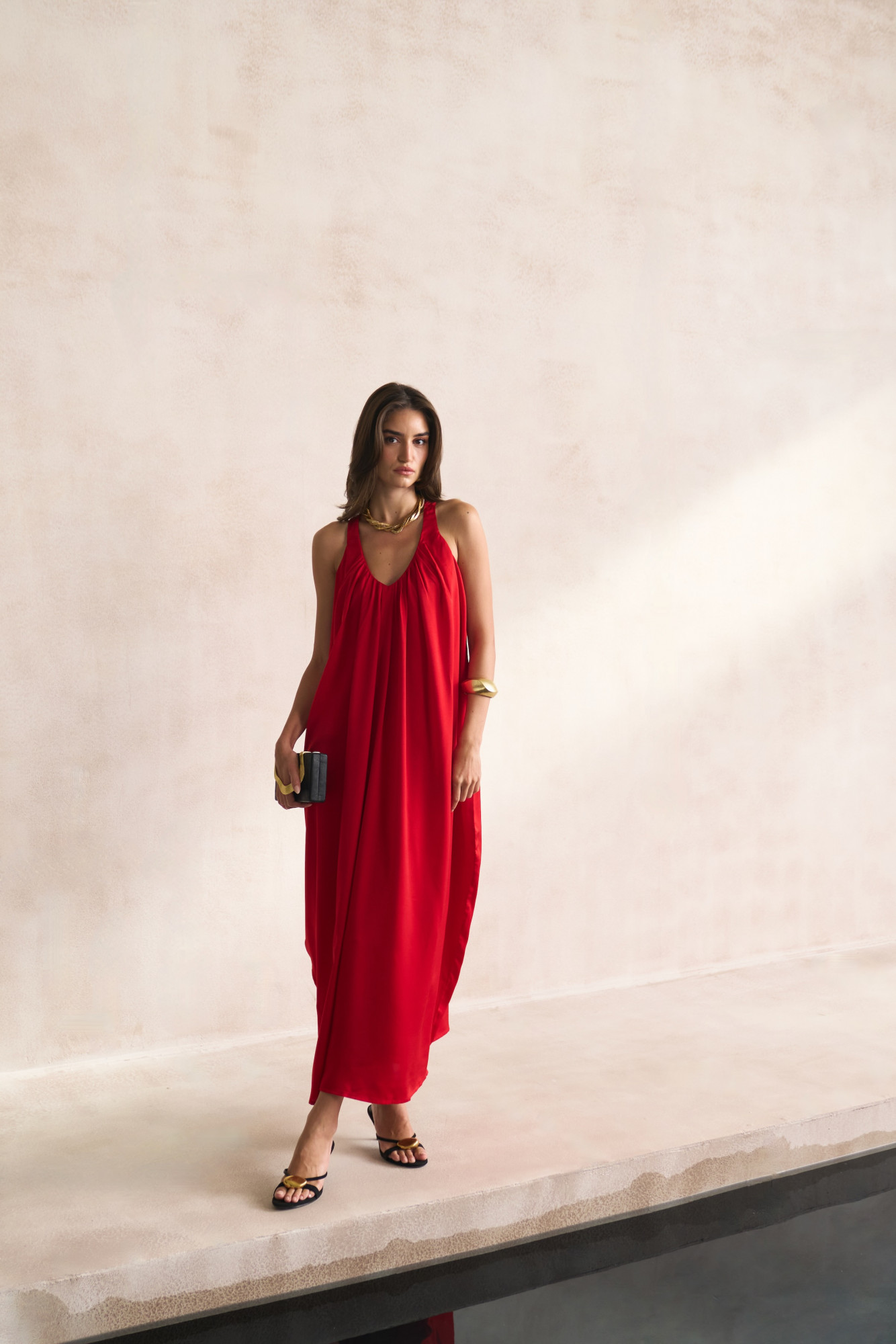 LEILA 03 SOLID RED COLOUR SOFT SATIN ANKLE LENGTH SLEEVELESS DRESS
