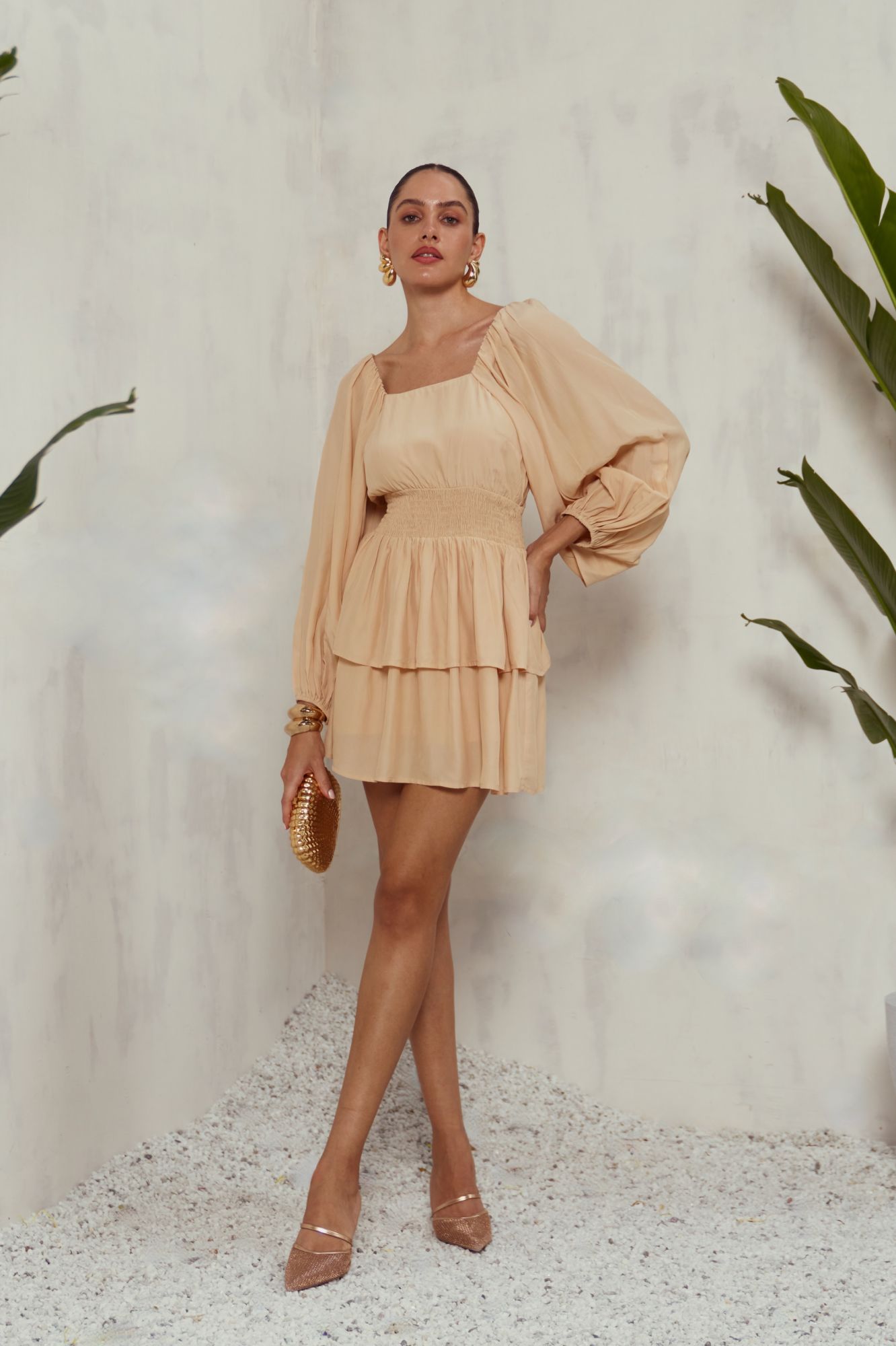 MALIBU-02 SOLID LIGHT BEIGE COLOR VISCOSE CREPE LAYERED KNEE LENGTH DRESS