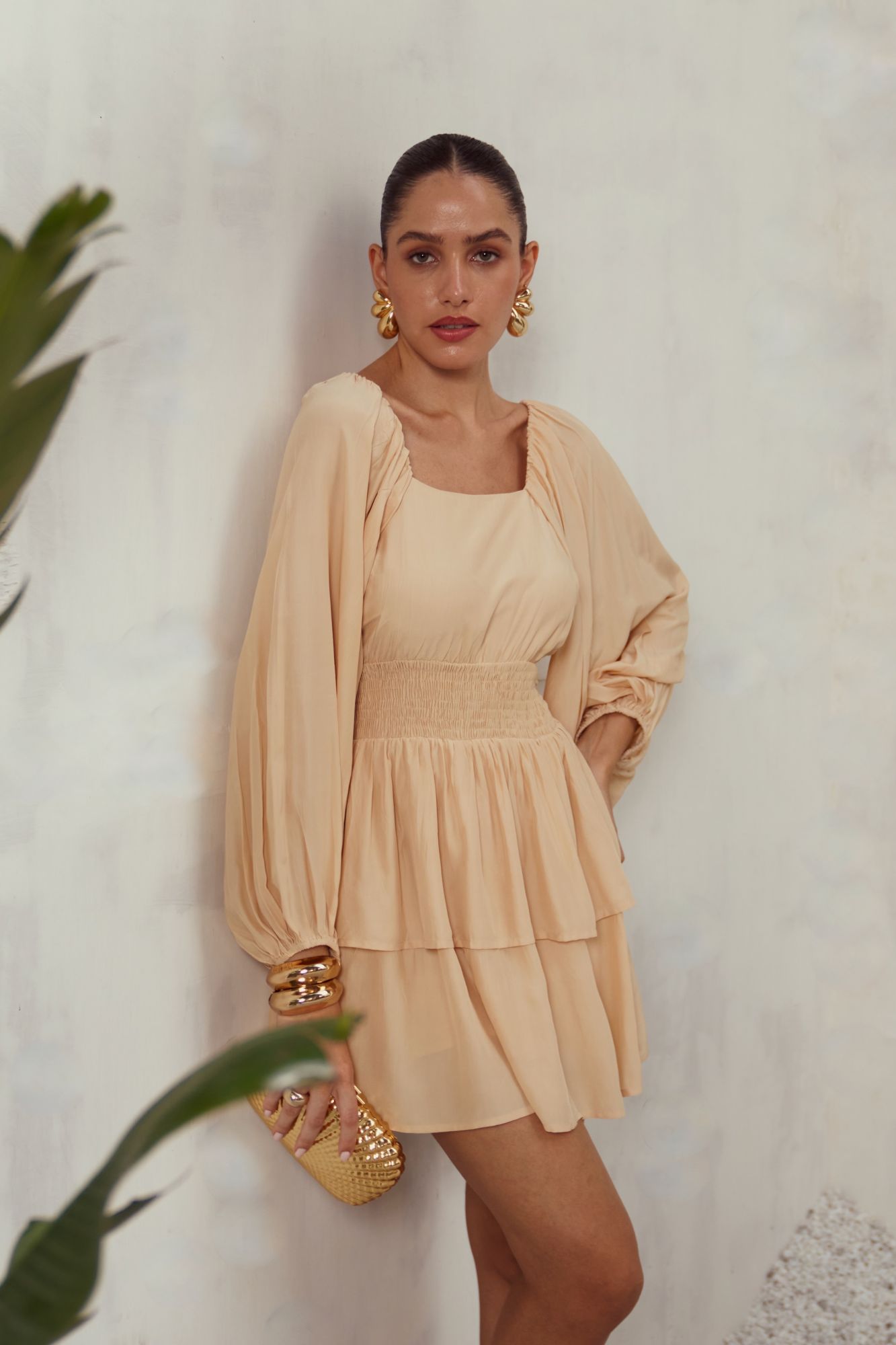 MALIBU-02 SOLID LIGHT BEIGE COLOR VISCOSE CREPE LAYERED KNEE LENGTH DRESS