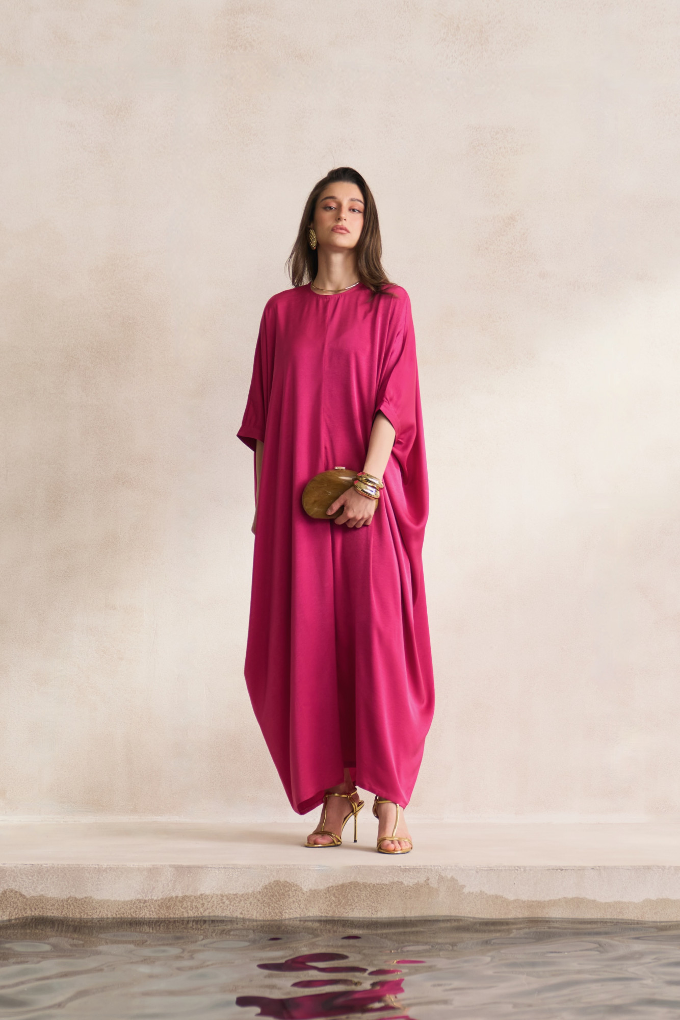 LEILA 03 SOLID RADIANT ORCHID COLOR SOFT SATIN FABRIC KAFTAN