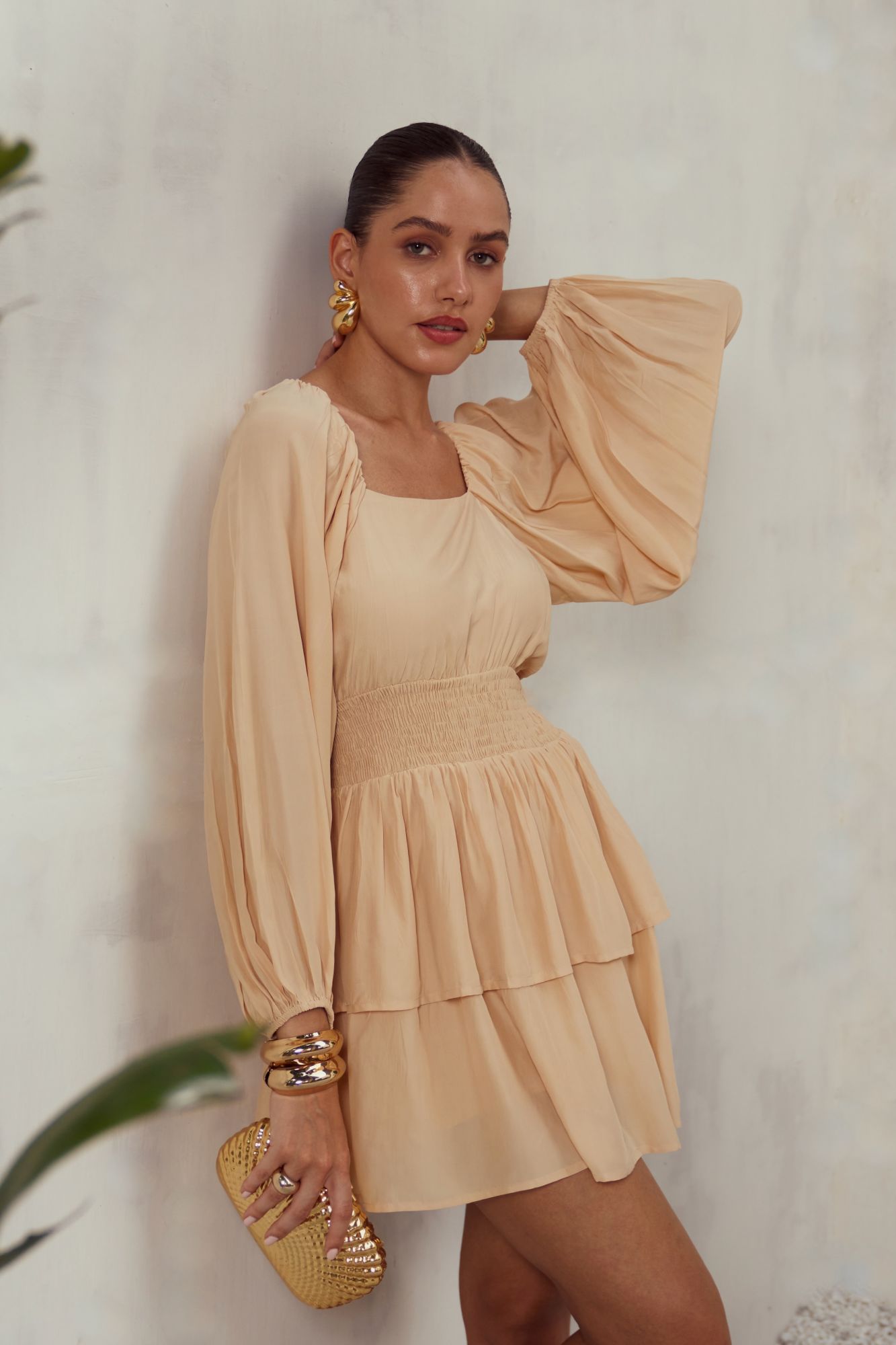 MALIBU-02 SOLID LIGHT BEIGE COLOR VISCOSE CREPE LAYERED KNEE LENGTH DRESS