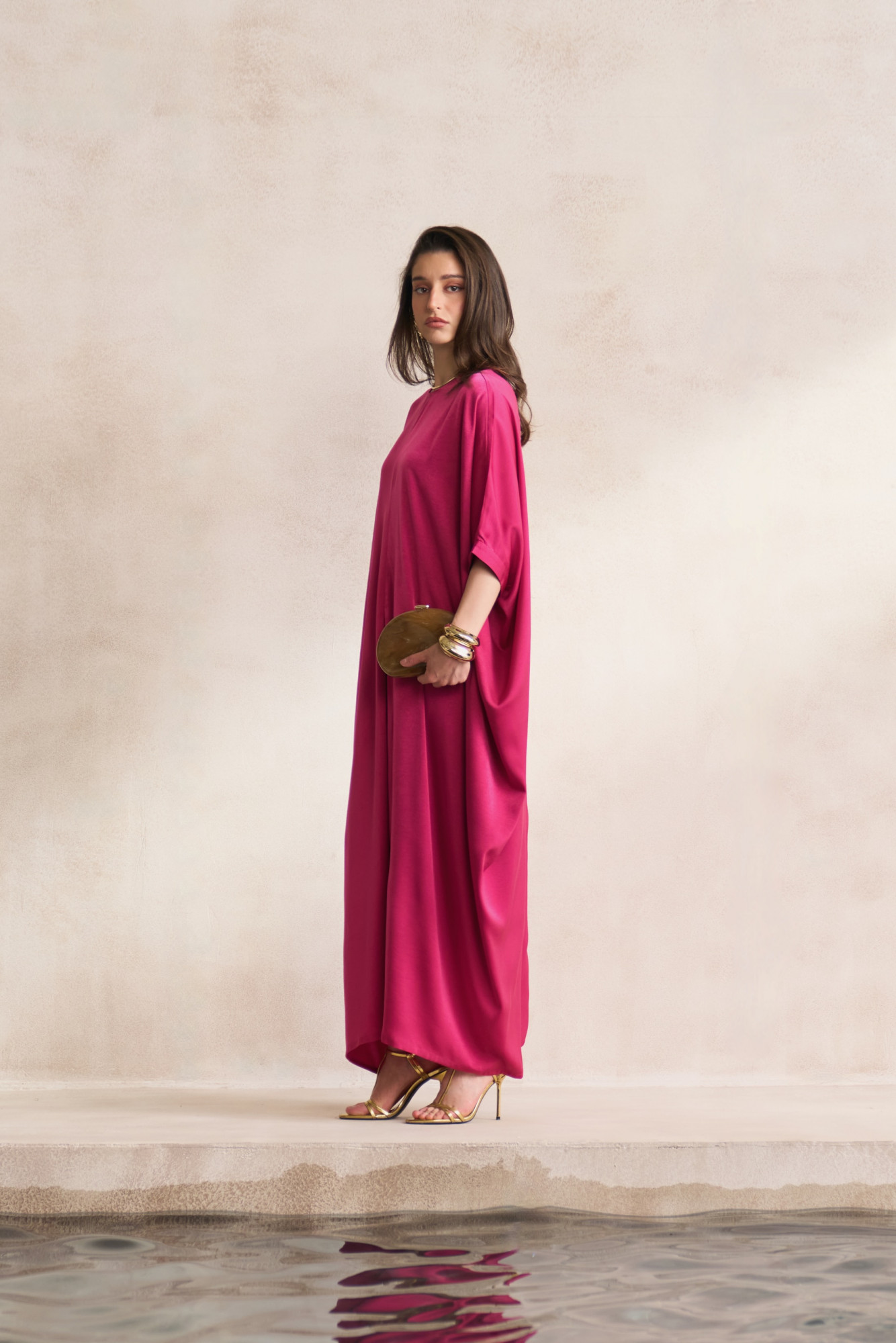 LEILA 03 SOLID RADIANT ORCHID COLOR SOFT SATIN FABRIC KAFTAN