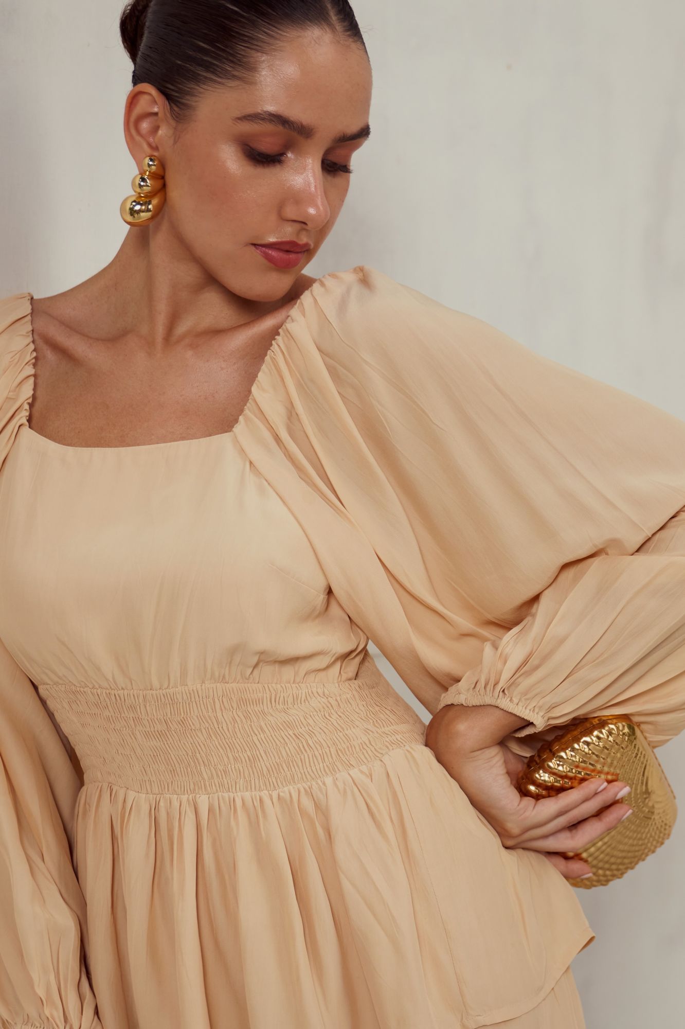 MALIBU-02 SOLID LIGHT BEIGE COLOR VISCOSE CREPE LAYERED KNEE LENGTH DRESS