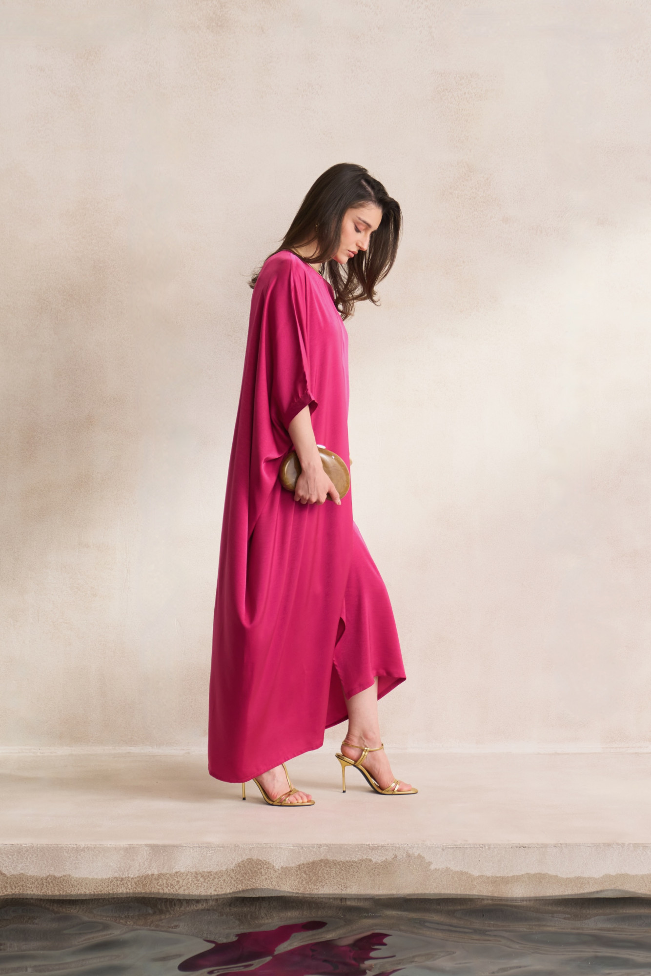 LEILA 03 SOLID RADIANT ORCHID COLOR SOFT SATIN FABRIC KAFTAN
