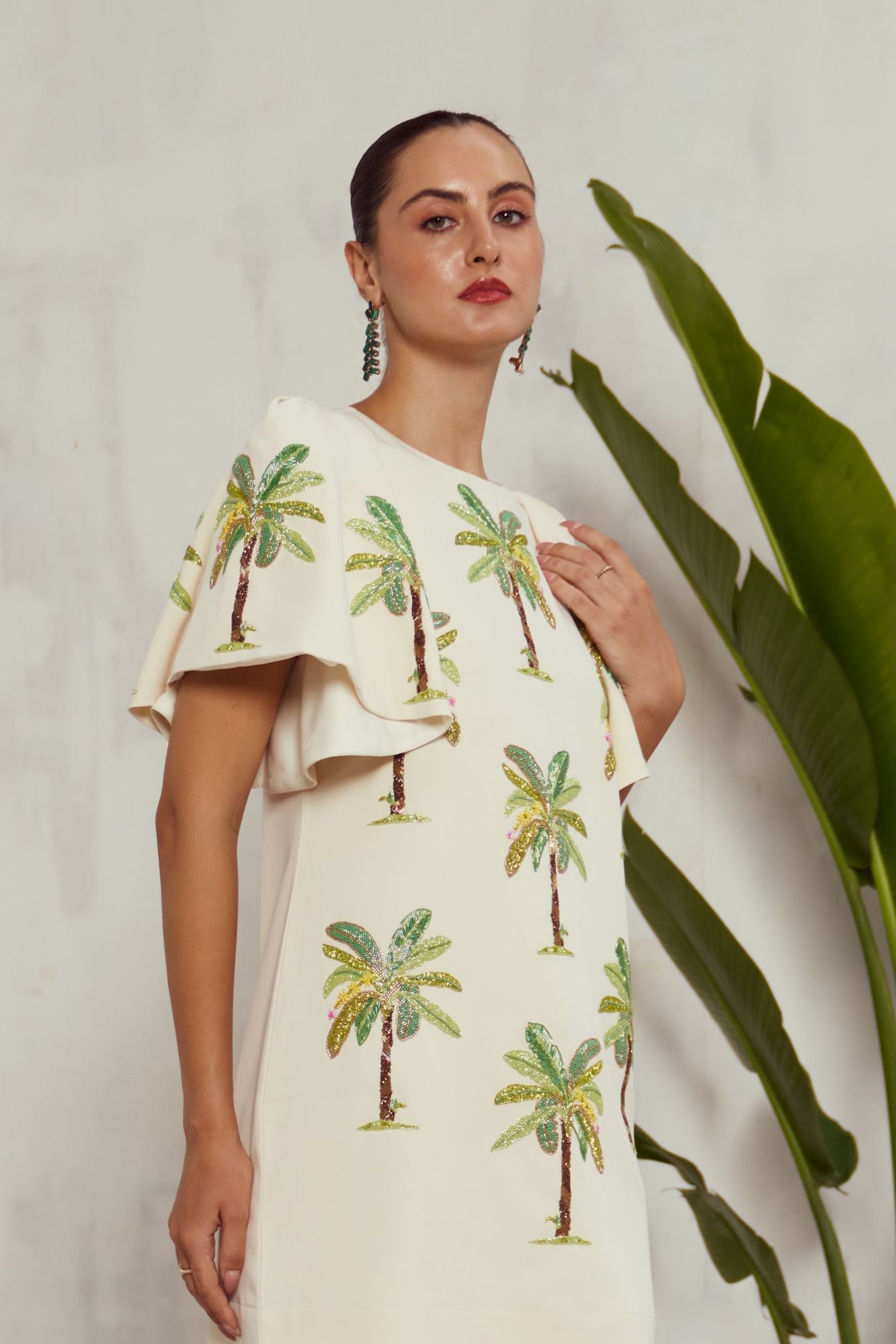 MALIBU-02 OFF WHITE COCKTAIL DRESS WITH ALL OVER BANANA TREE HAND EMBROIDERY