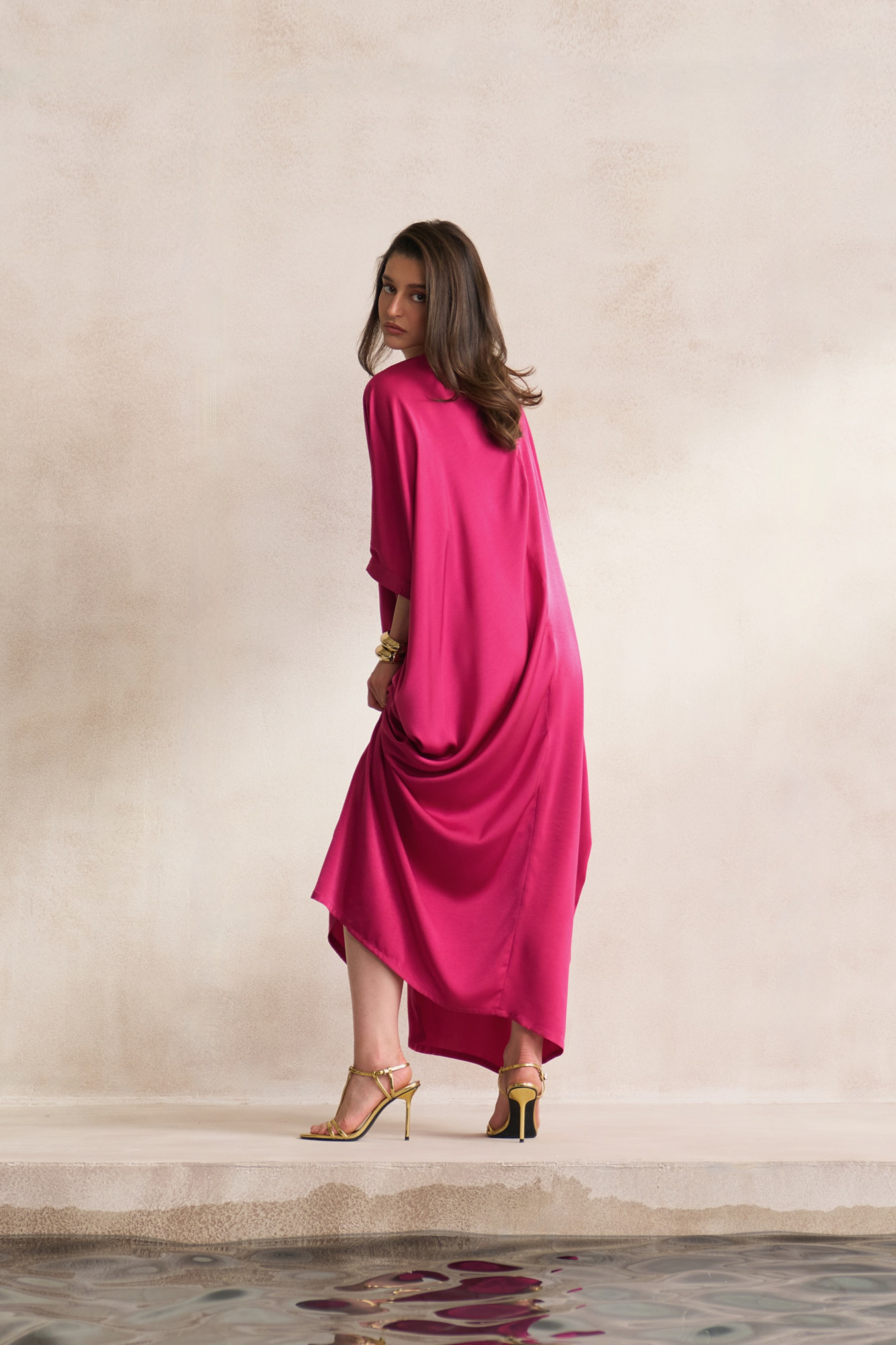 LEILA 03 SOLID RADIANT ORCHID COLOR SOFT SATIN FABRIC KAFTAN