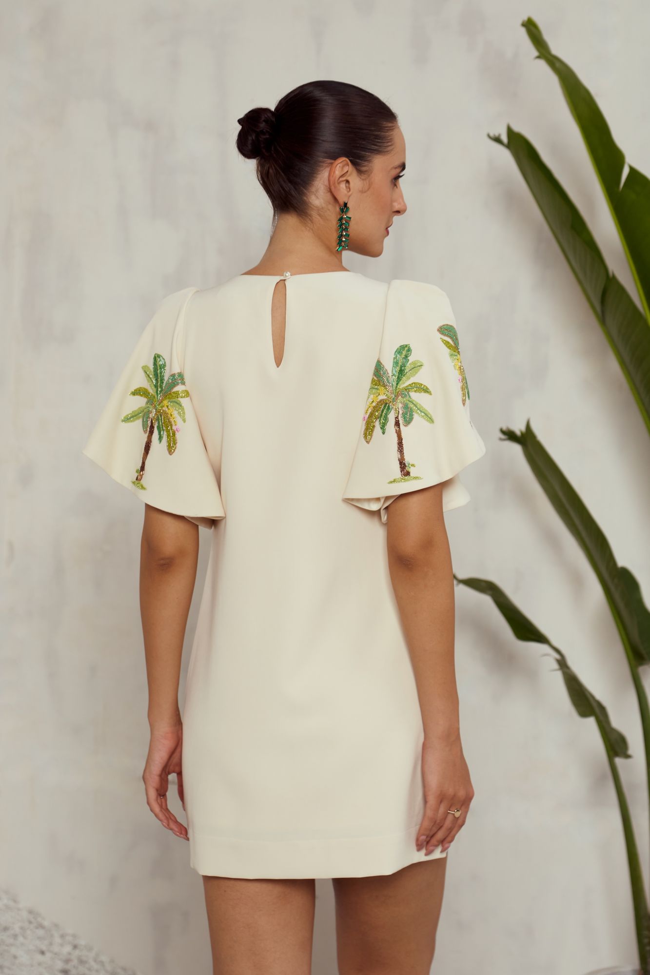 MALIBU-02 OFF WHITE COCKTAIL DRESS WITH ALL OVER BANANA TREE HAND EMBROIDERY