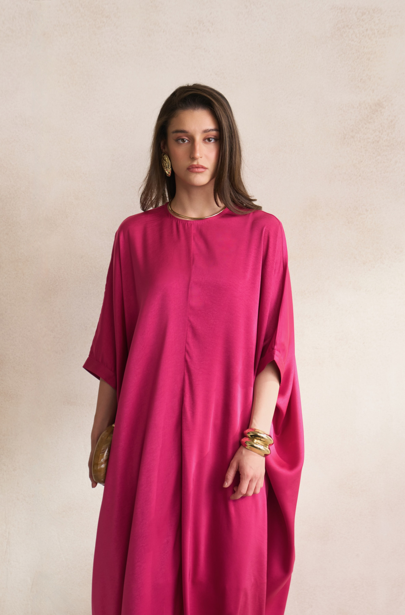 LEILA 03 SOLID RADIANT ORCHID COLOR SOFT SATIN FABRIC KAFTAN