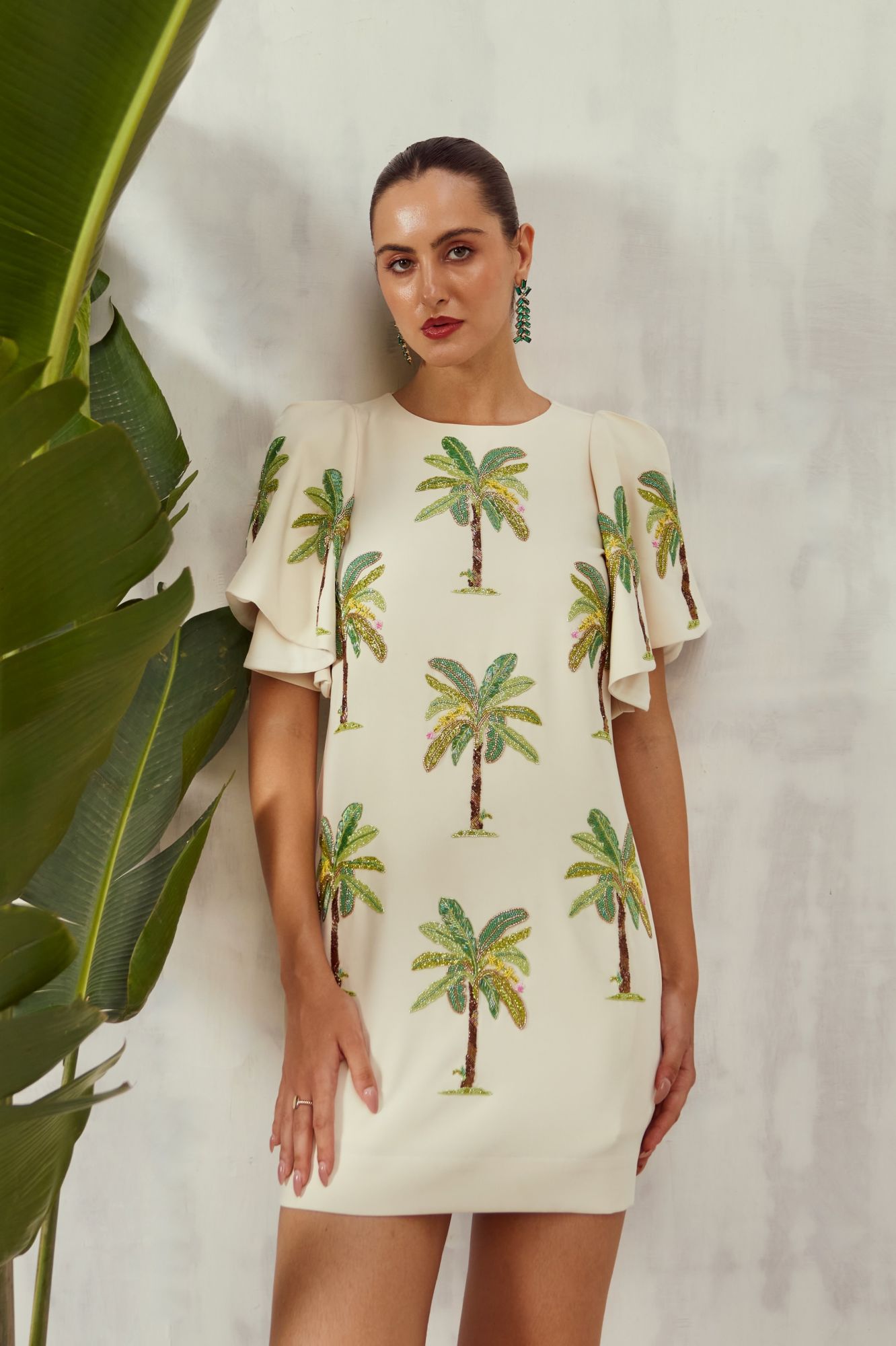 MALIBU-02 OFF WHITE COCKTAIL DRESS WITH ALL OVER BANANA TREE HAND EMBROIDERY