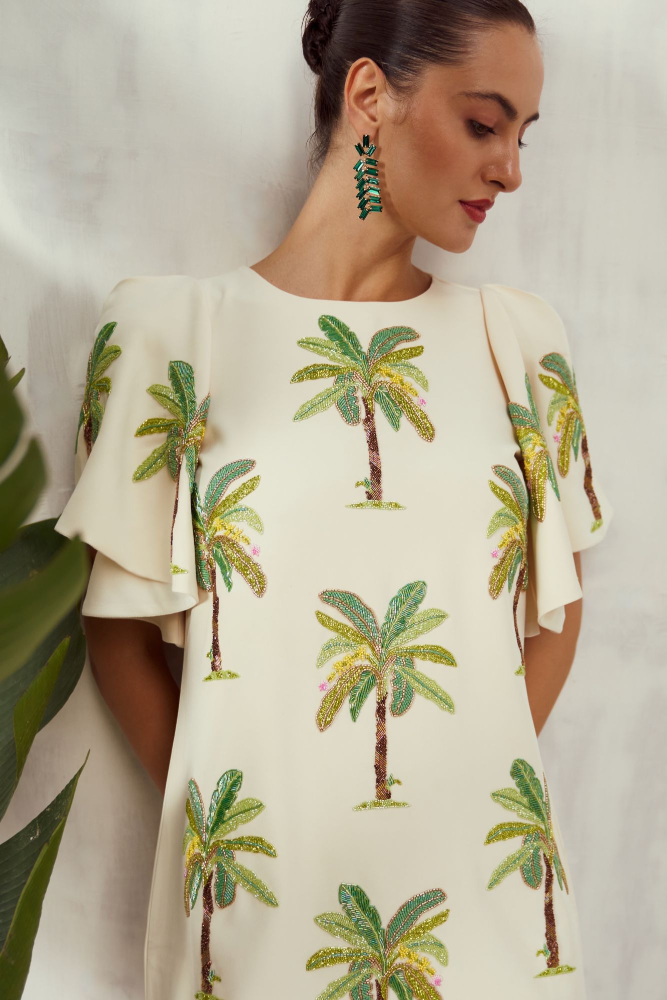 MALIBU-02 OFF WHITE COCKTAIL DRESS WITH ALL OVER BANANA TREE HAND EMBROIDERY