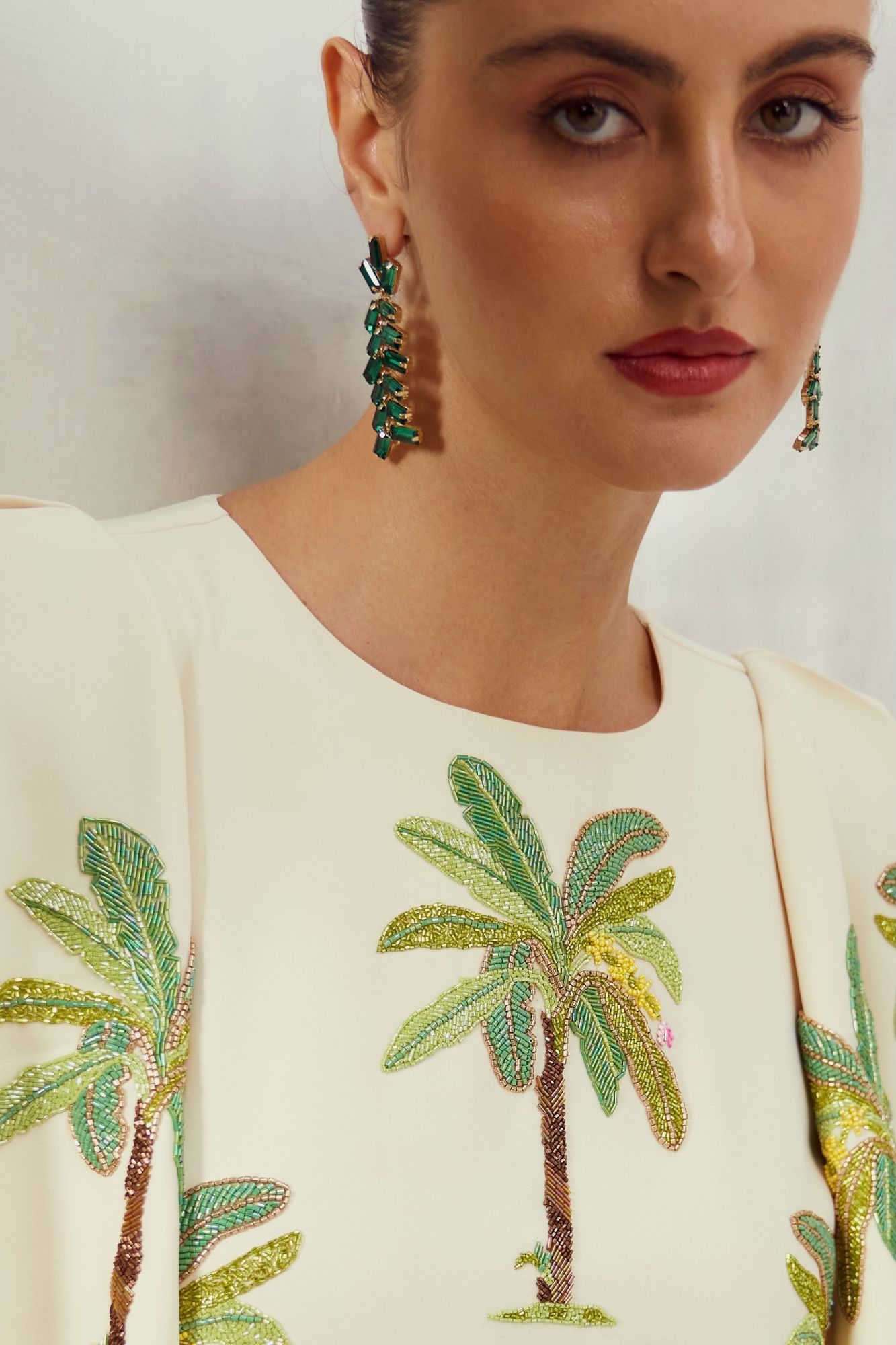 MALIBU-02 OFF WHITE COCKTAIL DRESS WITH ALL OVER BANANA TREE HAND EMBROIDERY