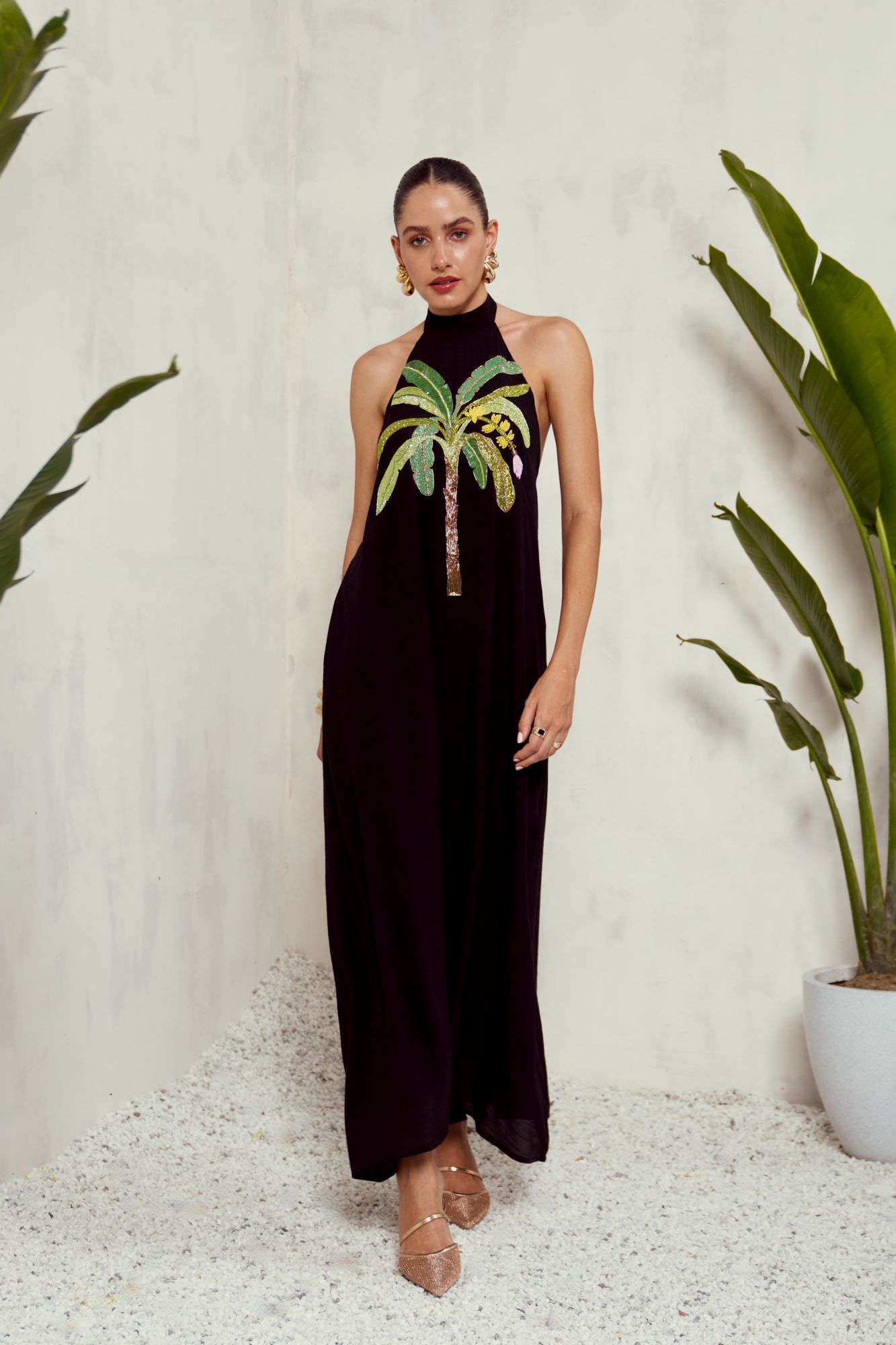 MALIBU-02 BLACK ANKLE LENGTH HALTER NECK DRESS WITH BANANA TREE HAND EMBROIDERY