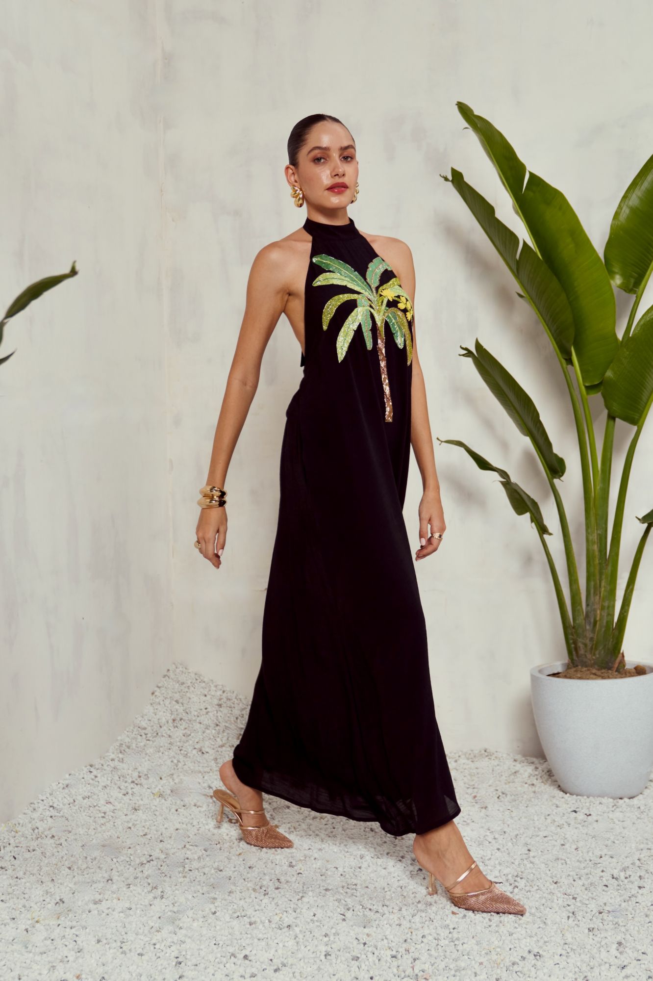 MALIBU-02 BLACK ANKLE LENGTH HALTER NECK DRESS WITH BANANA TREE HAND EMBROIDERY