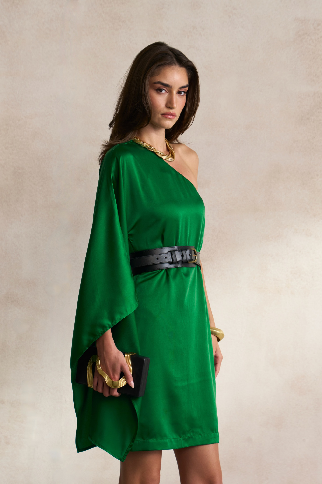LEILA 03 GREEN COLOR  SATIN FABRIC ONE SHOULDER DRESS WITH BLACK LEATHER BELT