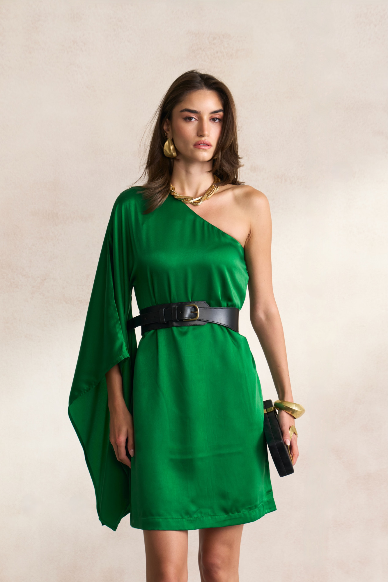 LEILA 03 GREEN COLOR  SATIN FABRIC ONE SHOULDER DRESS WITH BLACK LEATHER BELT