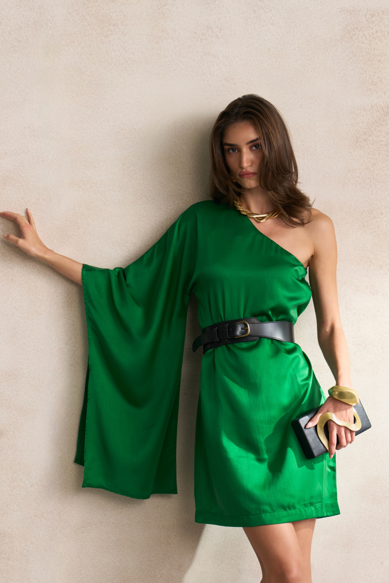 LEILA 03 GREEN COLOR SATIN FABRIC ONE SHOULDER DRESS WITH BLACK LEATHER BELT