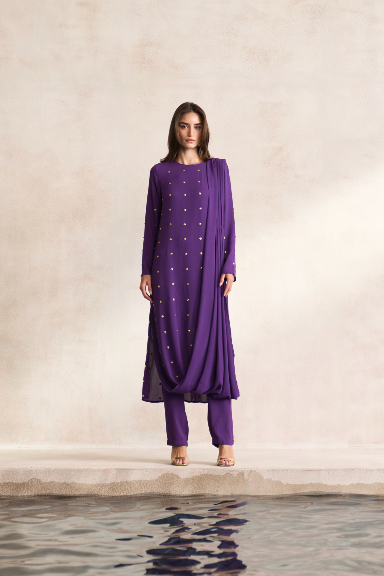 LEILA 03 PURPLE GEORGETTE TUNIC WITH DRAPED SHOULDER VEIL AND SLIM PANTS  CO-ORD SET