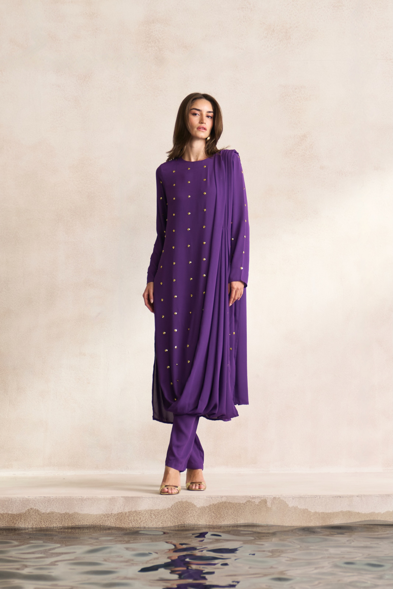 LEILA 03 PURPLE GEORGETTE TUNIC WITH DRAPED SHOULDER VEIL AND SLIM PANTS  CO-ORD SET