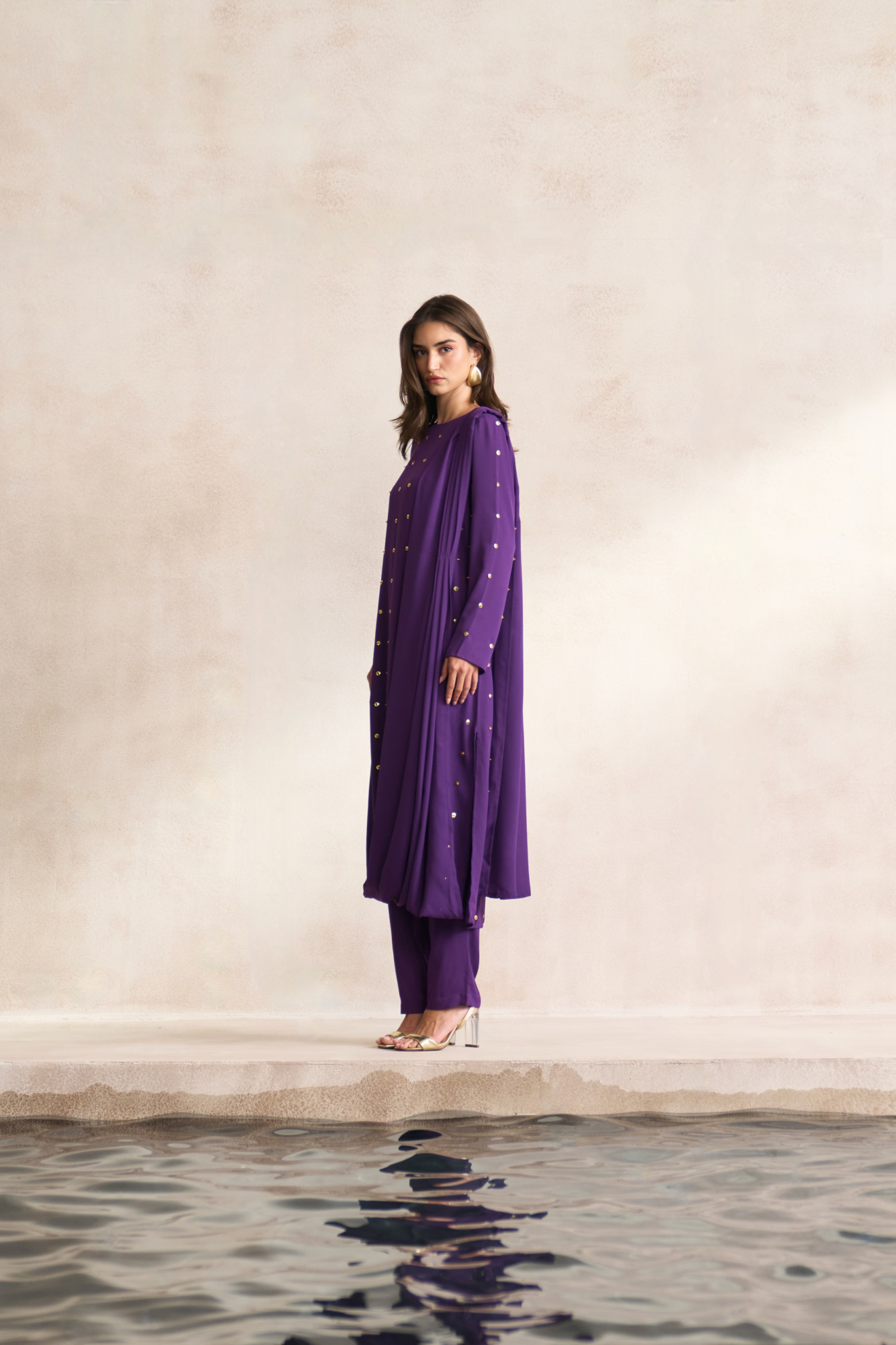 LEILA 03 PURPLE GEORGETTE TUNIC WITH DRAPED SHOULDER VEIL AND SLIM PANTS  CO-ORD SET