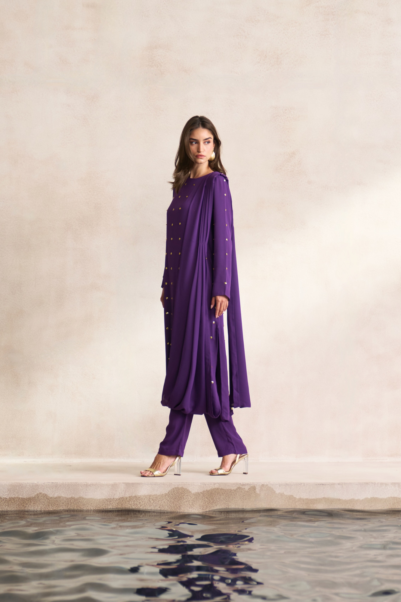 LEILA 03 PURPLE GEORGETTE TUNIC WITH DRAPED SHOULDER VEIL AND SLIM PANTS CO-ORD SET
