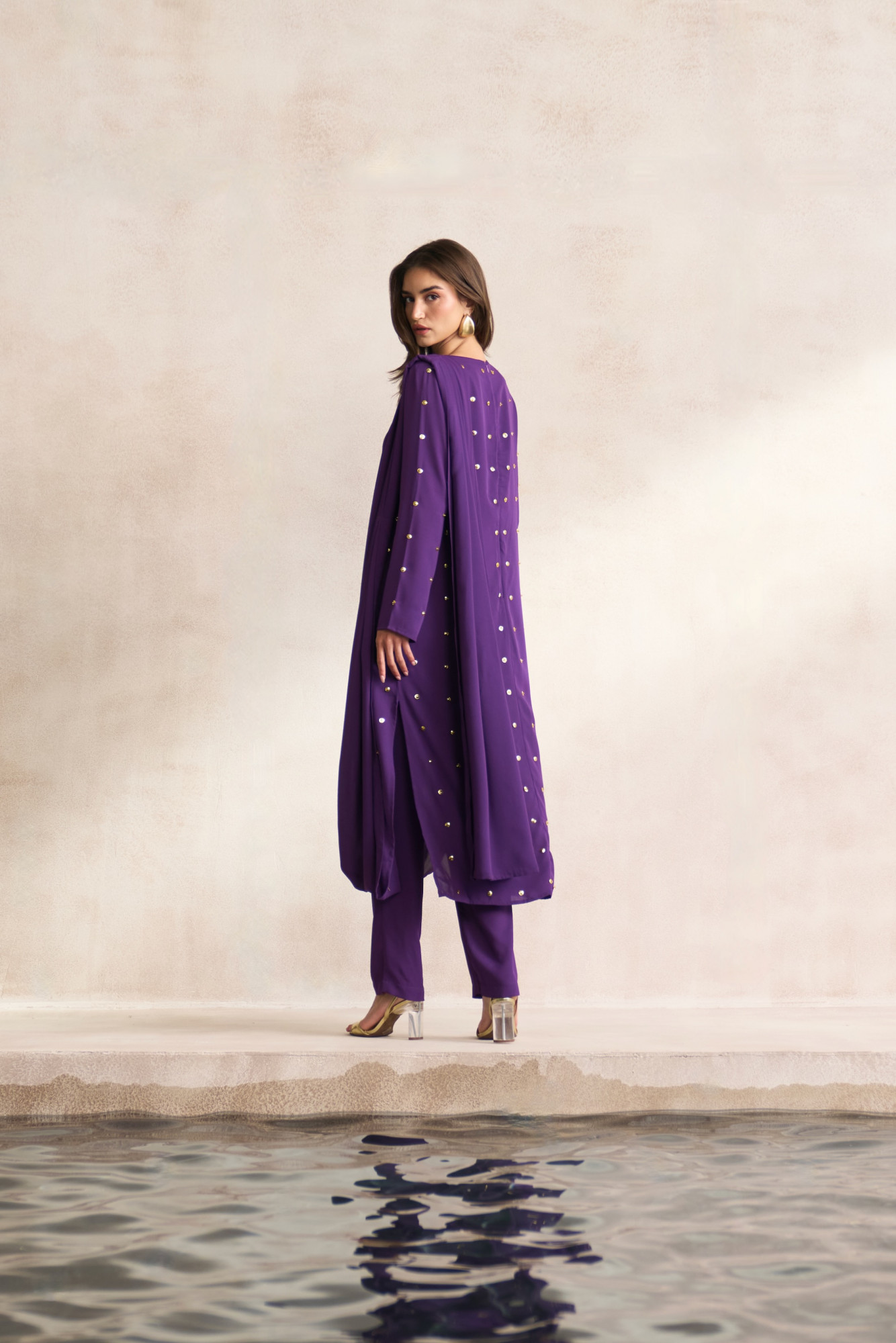 LEILA 03 PURPLE GEORGETTE TUNIC WITH DRAPED SHOULDER VEIL AND SLIM PANTS CO-ORD SET