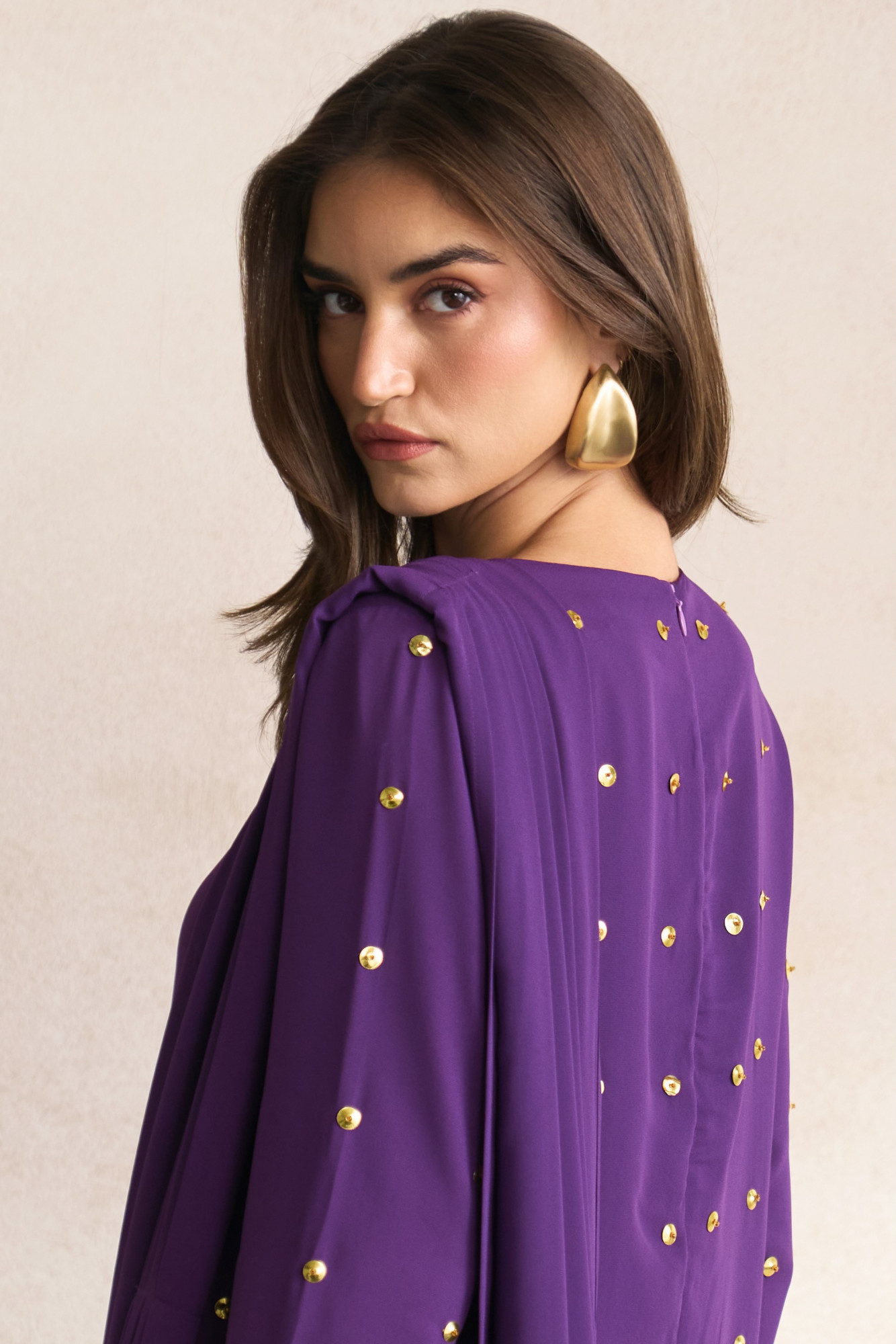 LEILA 03 PURPLE GEORGETTE TUNIC WITH DRAPED SHOULDER VEIL AND SLIM PANTS  CO-ORD SET