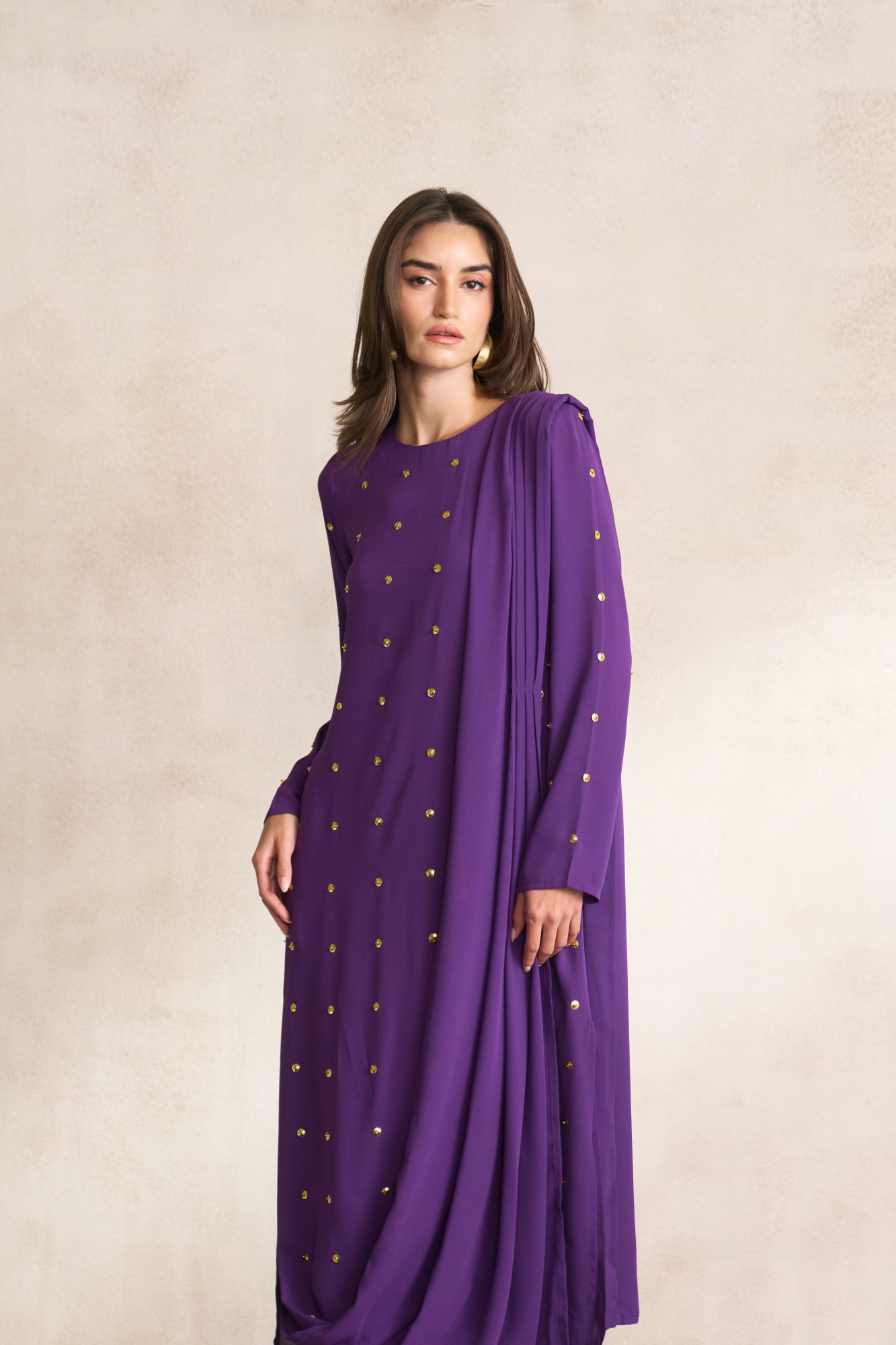 LEILA 03 PURPLE GEORGETTE TUNIC WITH DRAPED SHOULDER VEIL AND SLIM PANTS CO-ORD SET