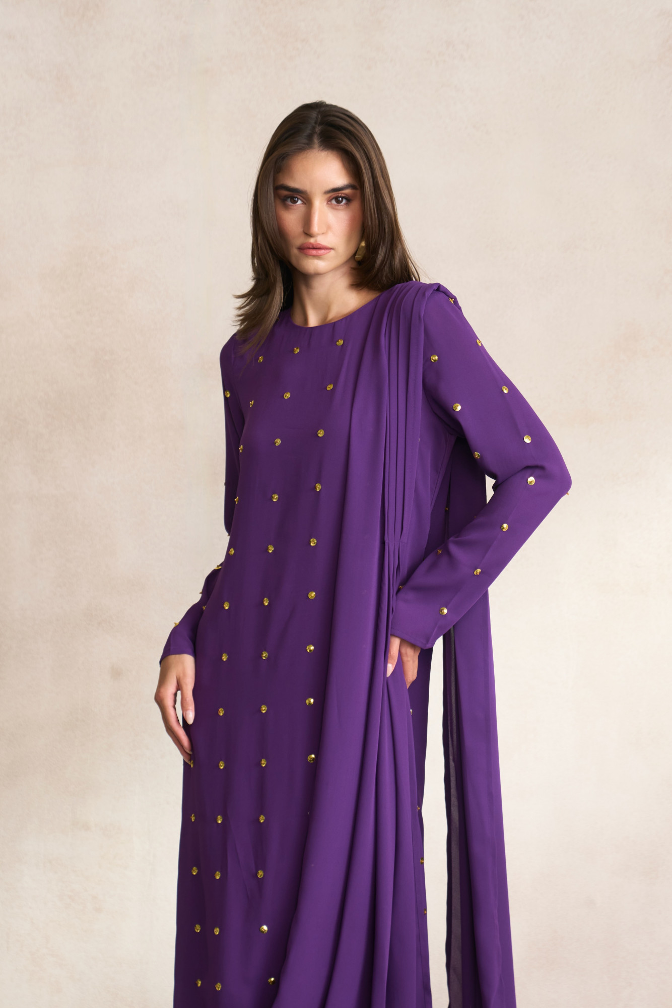 LEILA 03 PURPLE GEORGETTE TUNIC WITH DRAPED SHOULDER VEIL AND SLIM PANTS CO-ORD SET