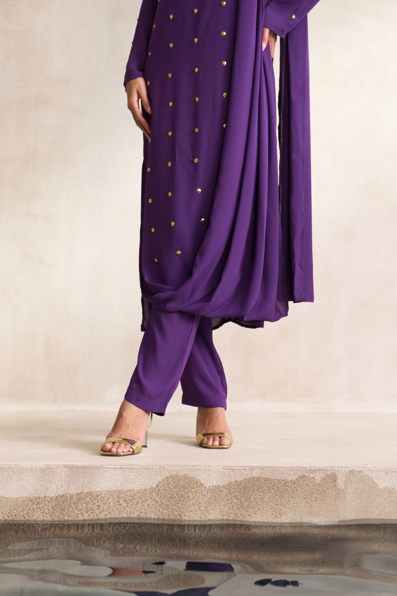 LEILA 03 PURPLE GEORGETTE TUNIC WITH DRAPED SHOULDER VEIL AND SLIM PANTS CO-ORD SET