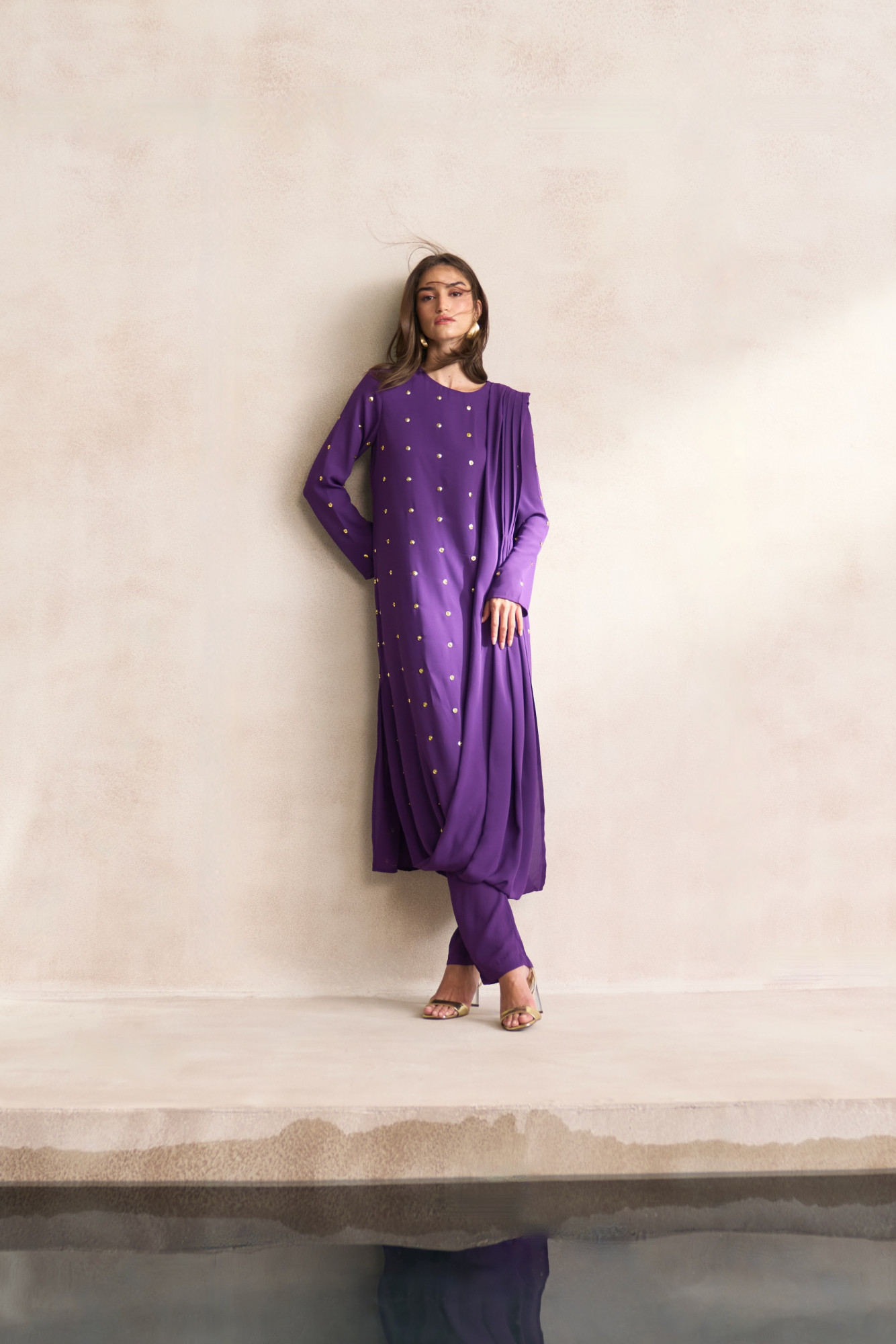LEILA 03 PURPLE GEORGETTE TUNIC WITH DRAPED SHOULDER VEIL AND SLIM PANTS CO-ORD SET