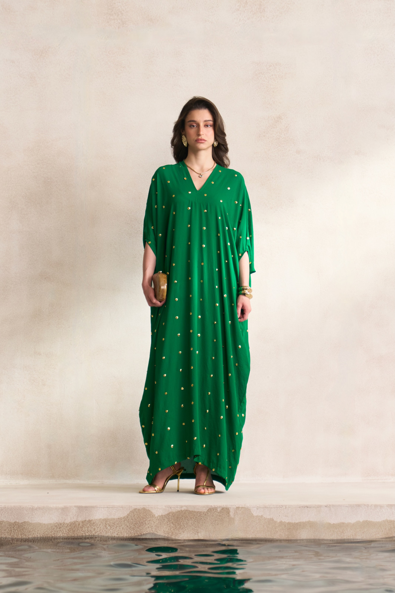 LEILA 03 GREEN FULL LENGTH KAFTAN WITH GOLD SEQUIN ALL OVER