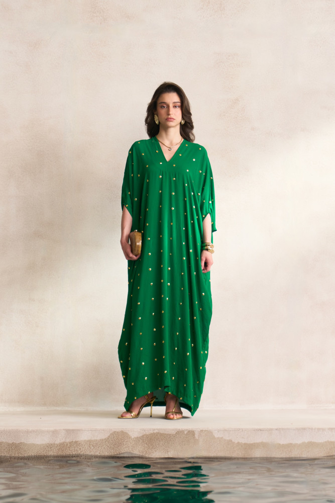 Image of LEILA 03 GREEN FULL LENGTH KAFTAN WITH GOLD SEQUIN ALL OVER