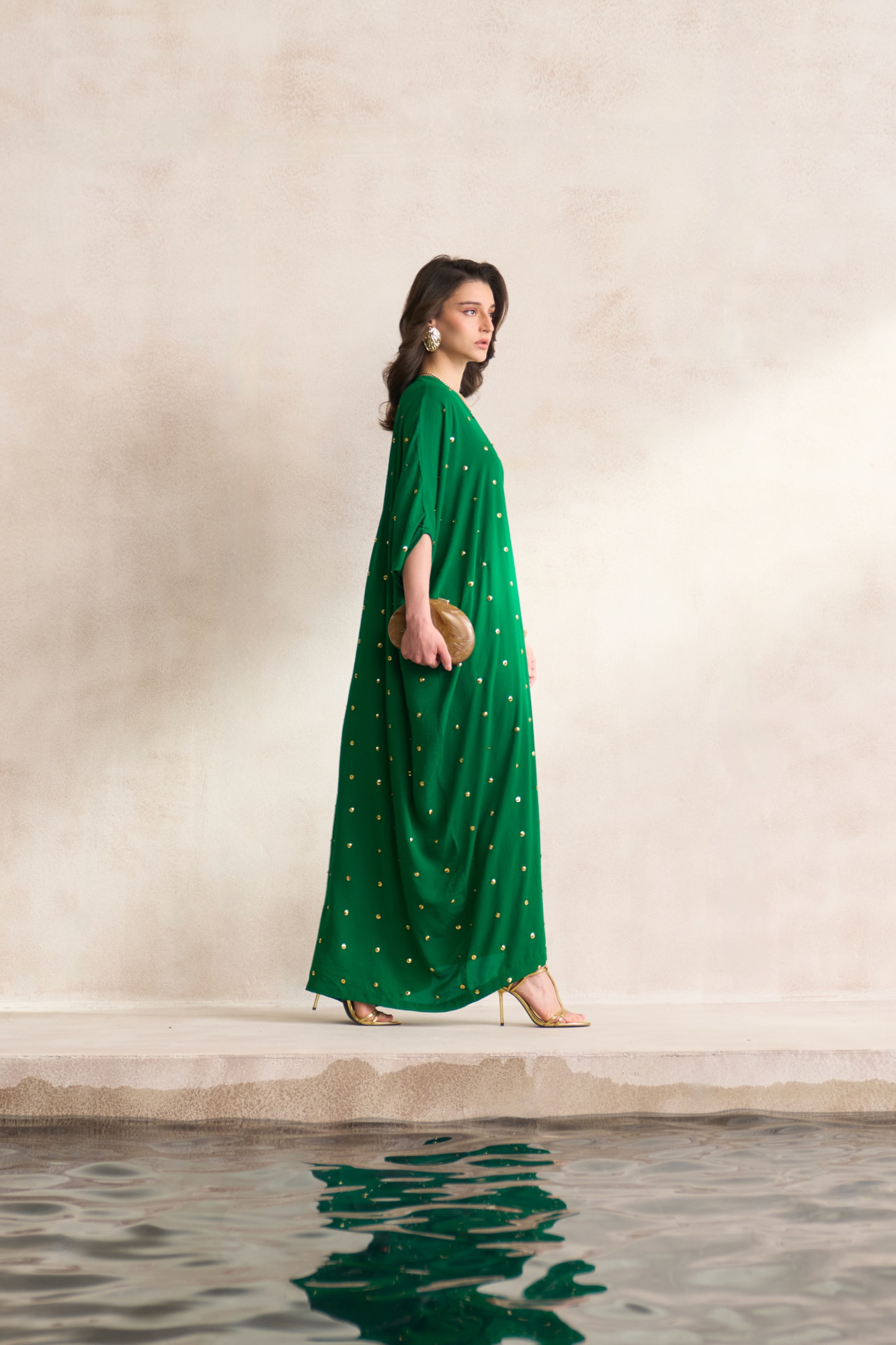 LEILA 03 GREEN FULL LENGTH KAFTAN WITH GOLD SEQUIN ALL OVER