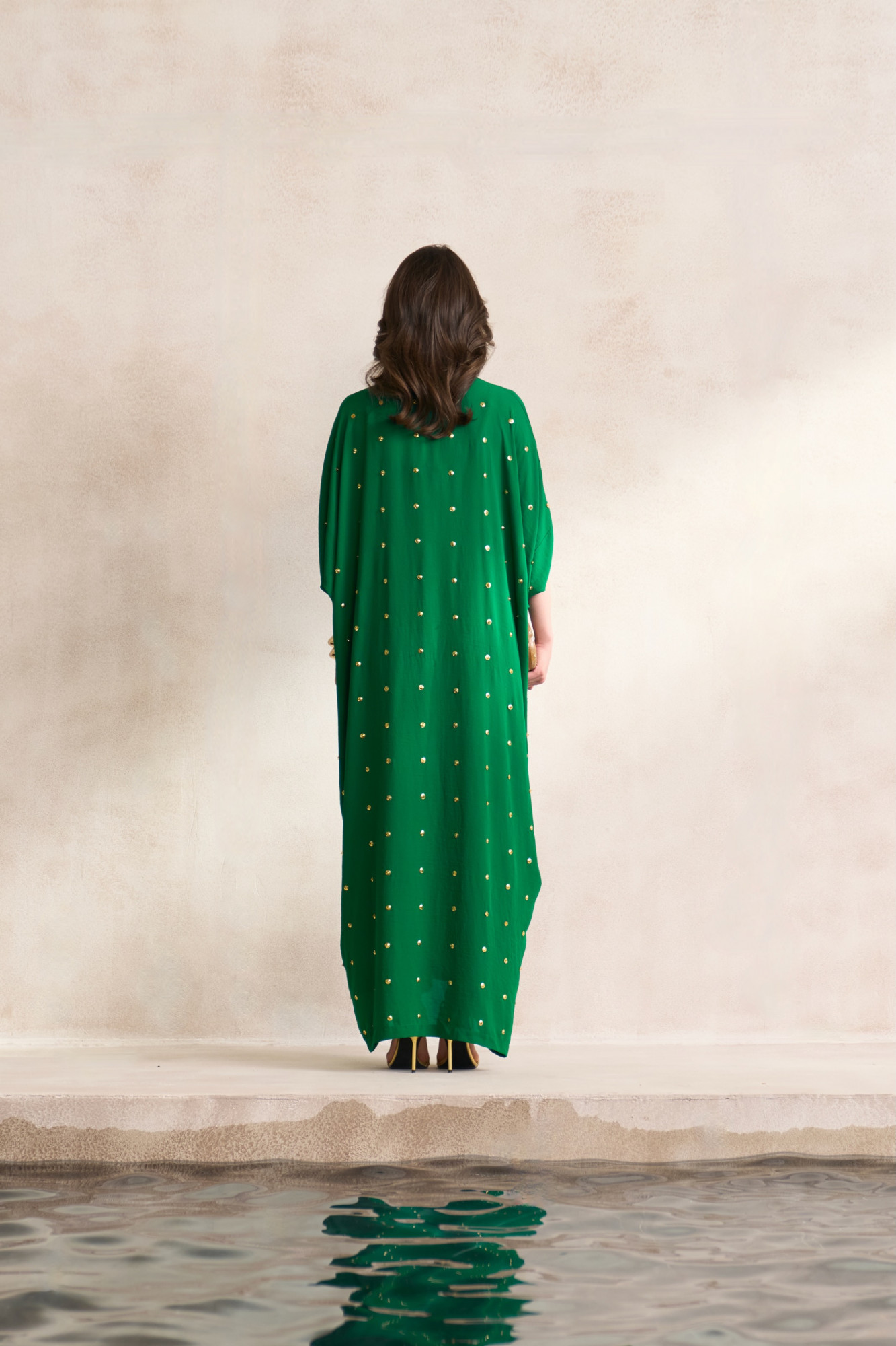 LEILA 03 GREEN FULL LENGTH KAFTAN WITH GOLD SEQUIN ALL OVER