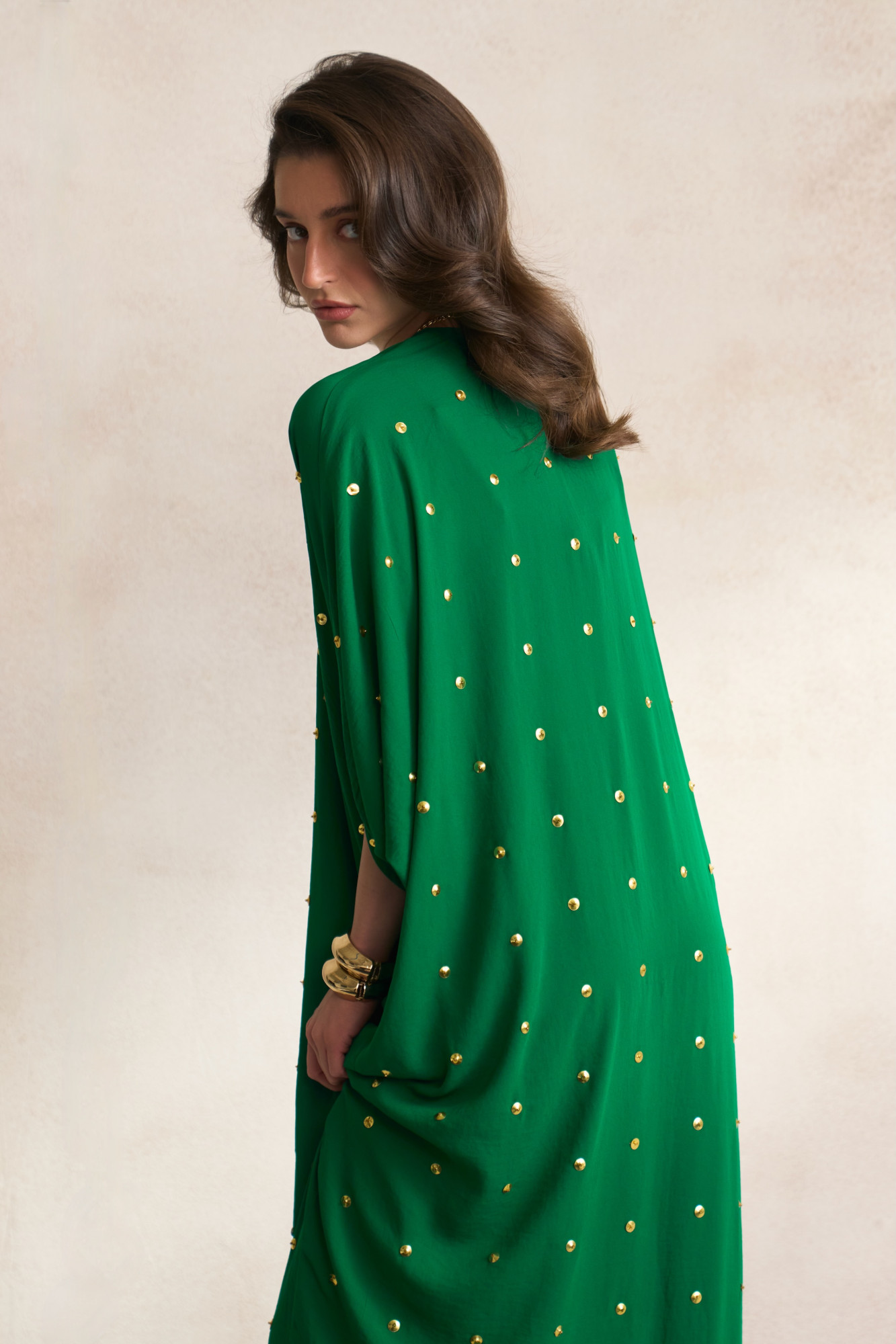 LEILA 03 GREEN FULL LENGTH KAFTAN WITH GOLD SEQUIN ALL OVER