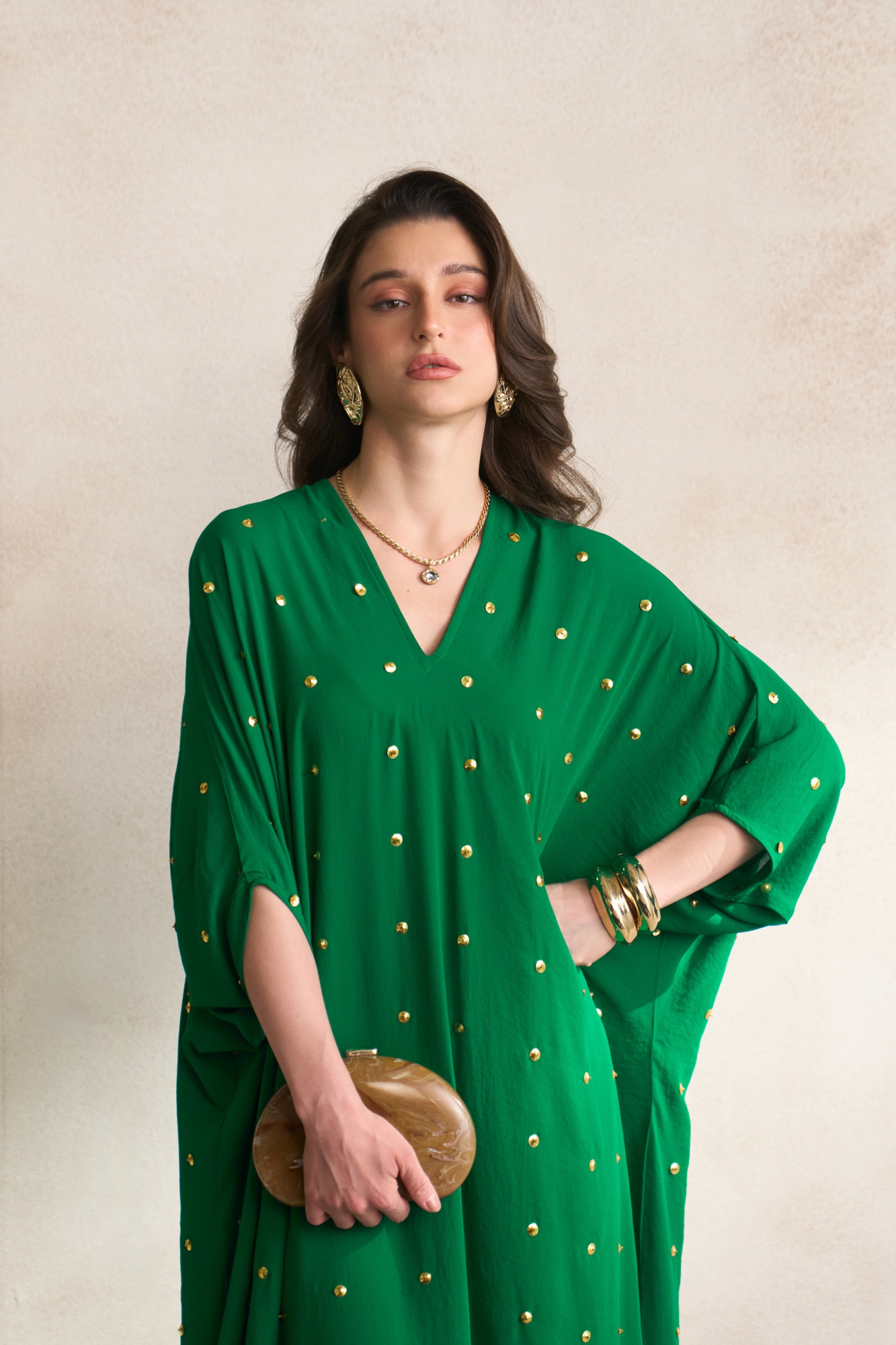 LEILA 03 GREEN FULL LENGTH KAFTAN WITH GOLD SEQUIN ALL OVER