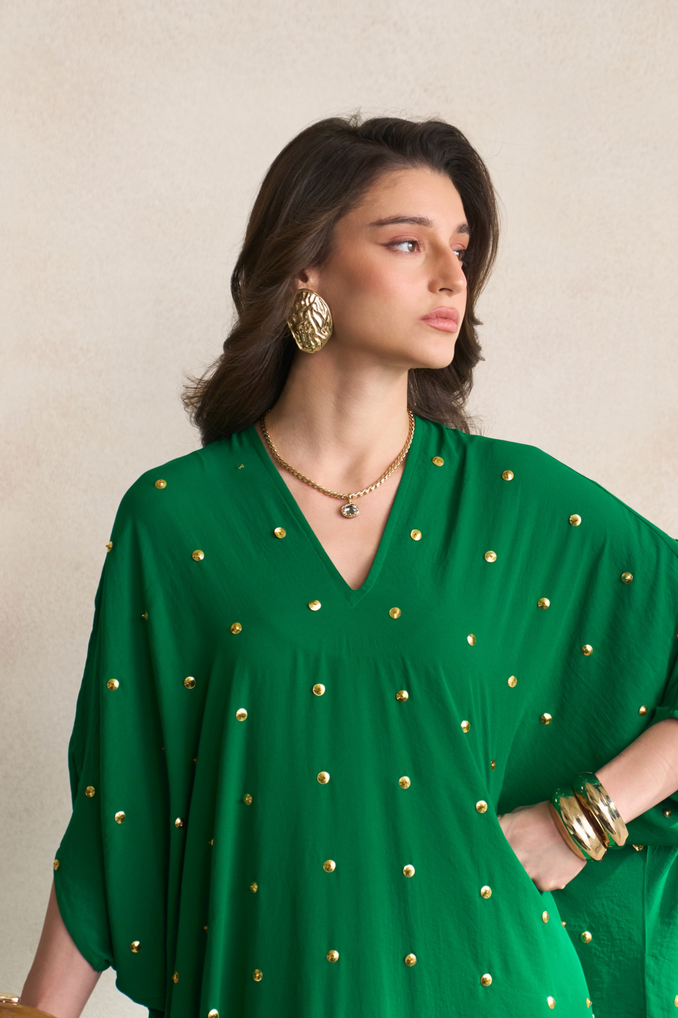 LEILA 03 GREEN FULL LENGTH KAFTAN WITH GOLD SEQUIN ALL OVER