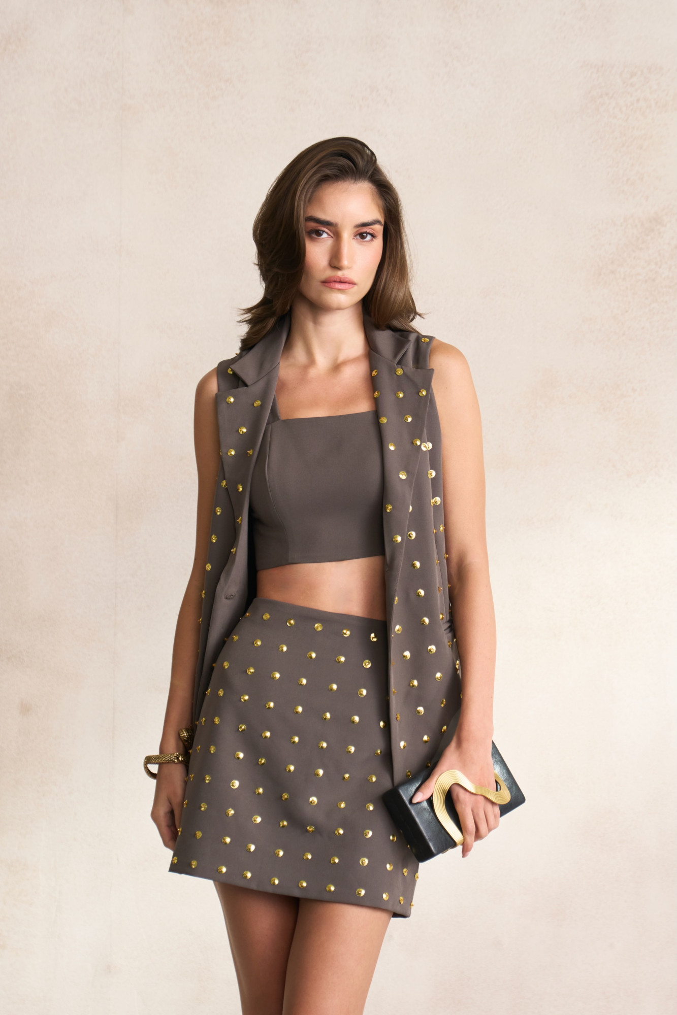 LEILA 03 CHARCOAL GREY COLOR SLEEVELESS JACKET WITH BUSTIER AND SKIRT