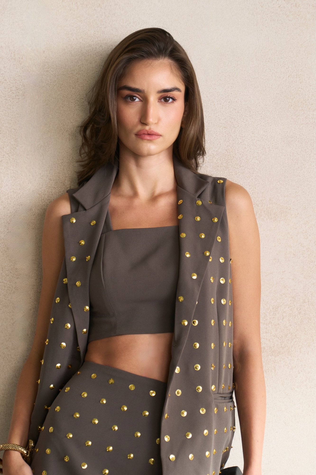 LEILA 03 CHARCOAL GREY COLOR SLEEVELESS JACKET WITH BUSTIER AND SKIRT