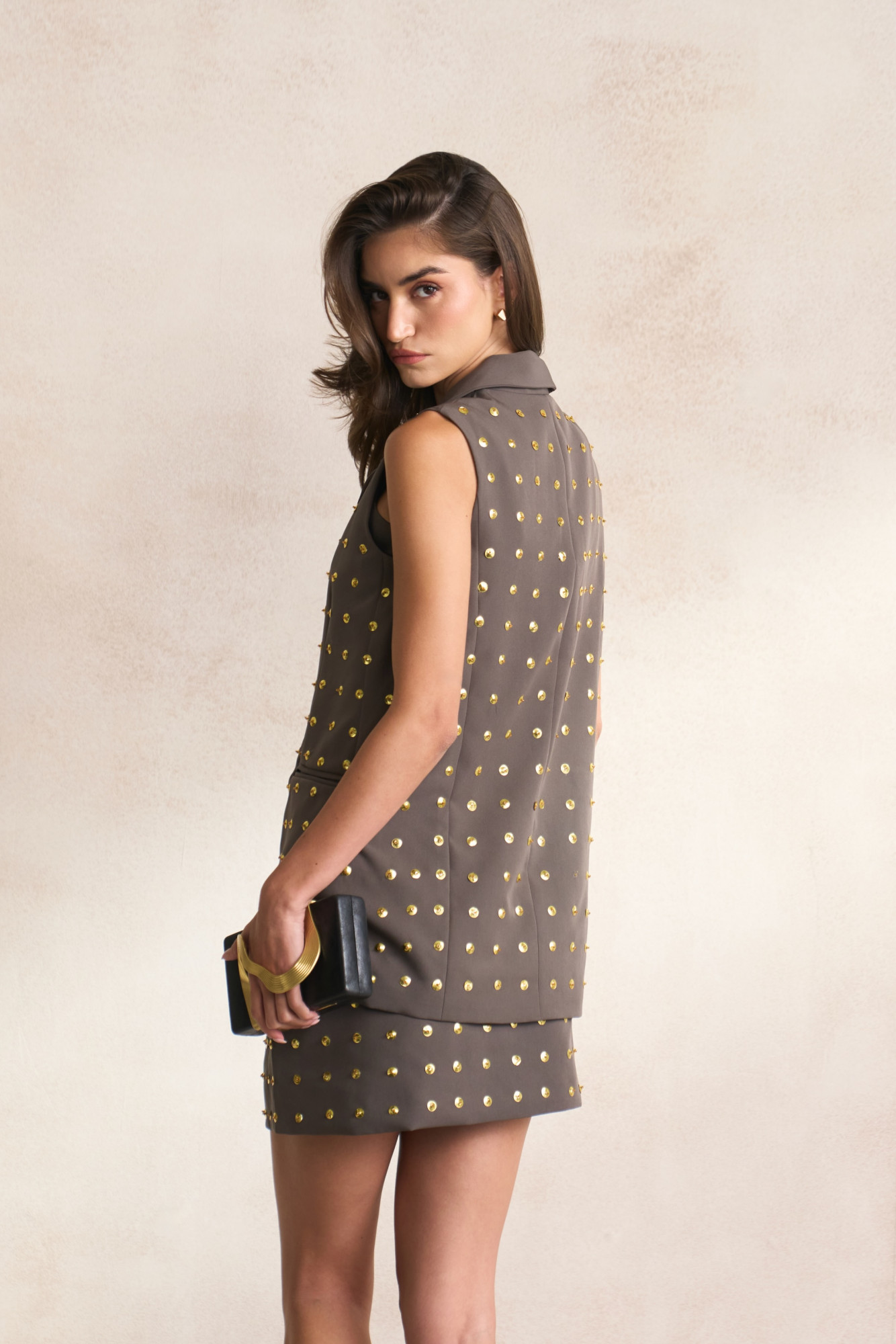 LEILA 03 CHARCOAL GREY COLOR SLEEVELESS JACKET WITH BUSTIER AND SKIRT