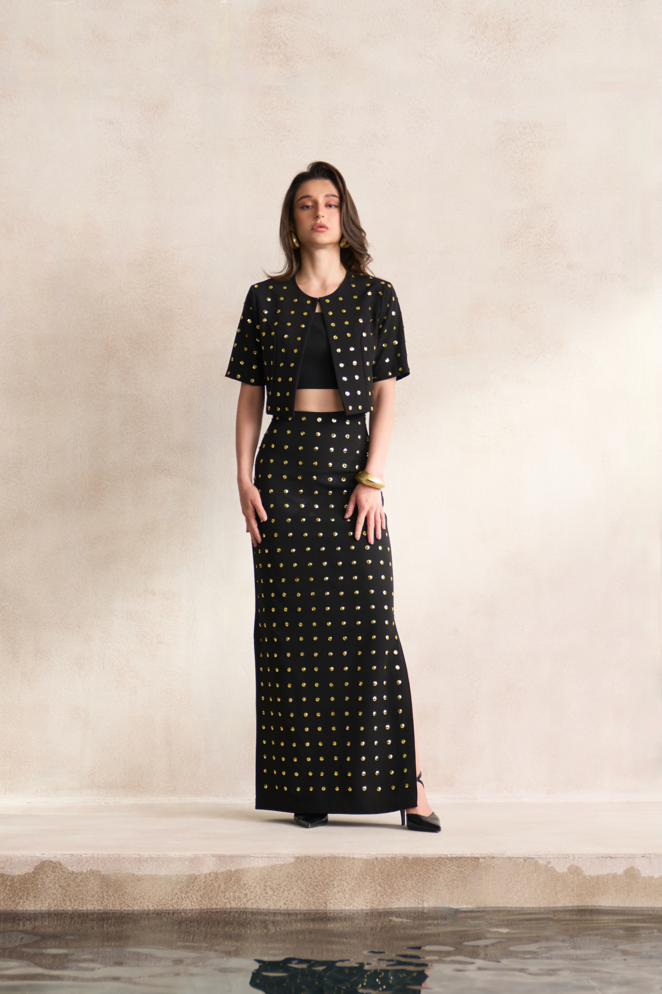 LEILA 03 BLACK CROP JACKET BUSTIER AND LONG SKIRT SET WITH GOLD SEQUIN ALL OVER